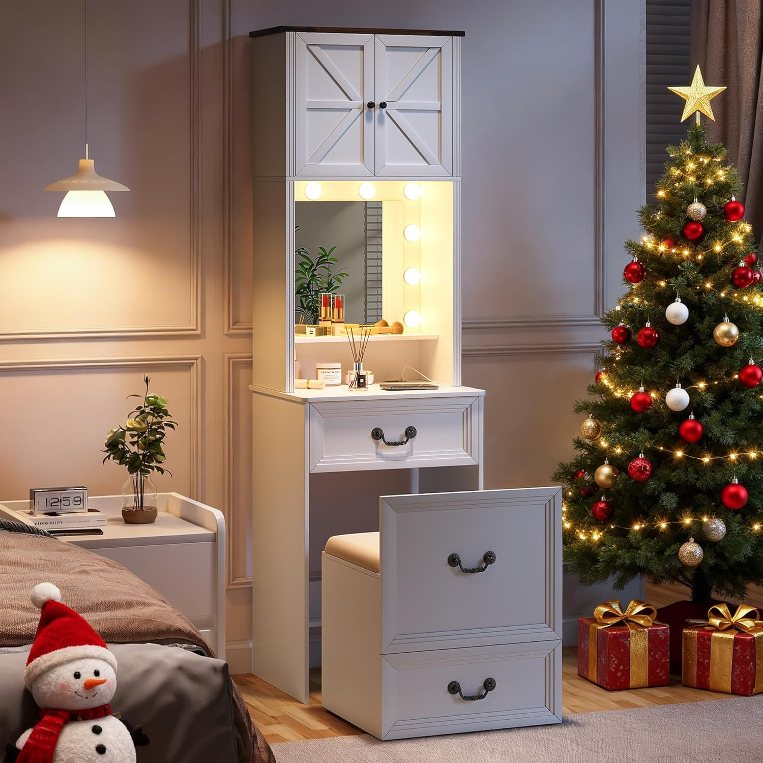 Dystler Vanity Desk with Mirror and Lights, Compact Makeup Table W/Storage Drawers & Shelves, Farmhouse Vanity Table with Hidden Chair for Bedroom, White Dressing Table for Women/Lady image number 6