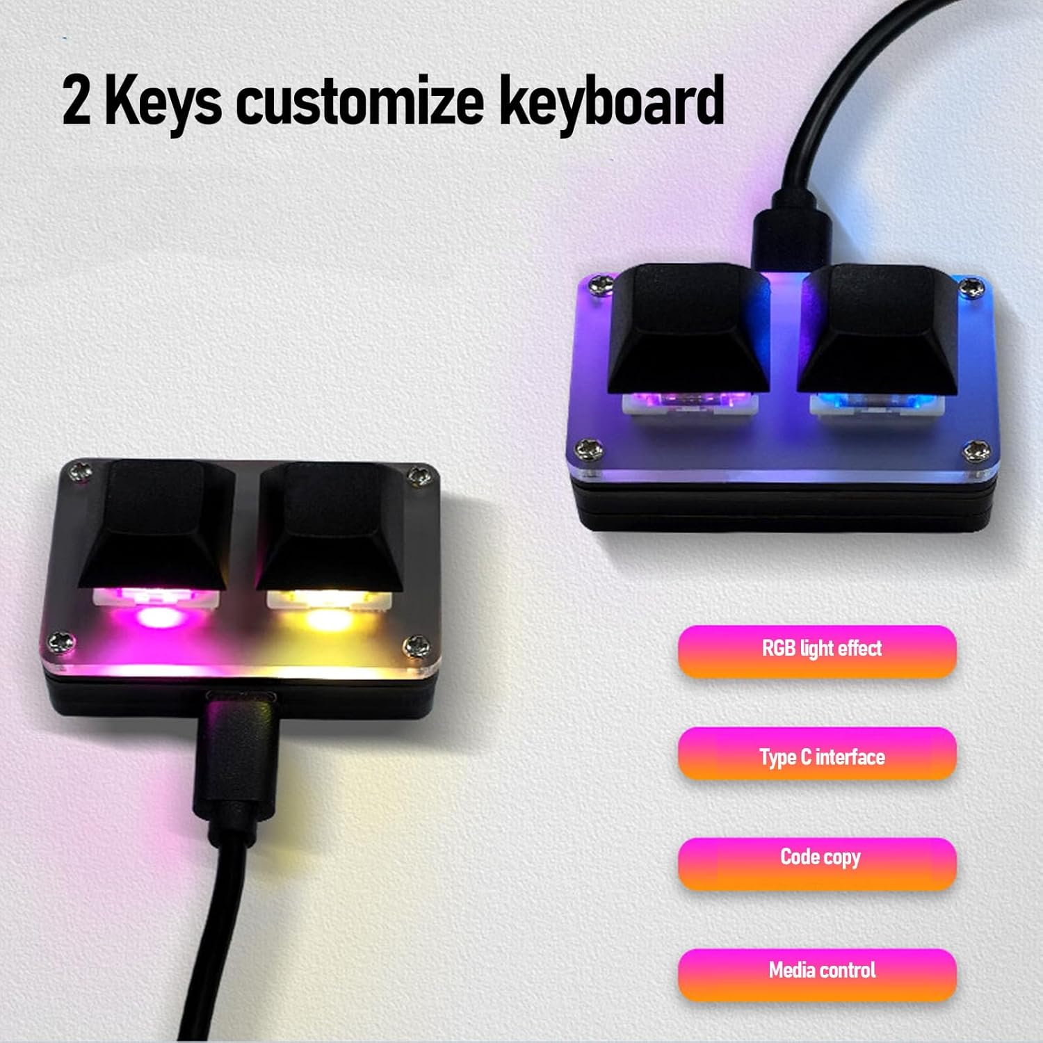 2 Key Keyboard, 5V 1A Acrylic Wired Mini Smart One Handed Mechanical Gaming Keypad, Programmable Shortcut Key Copy Paste Undo Redo Cut RGB Backlit Mini USB Keypad, Plug and Play image number 1