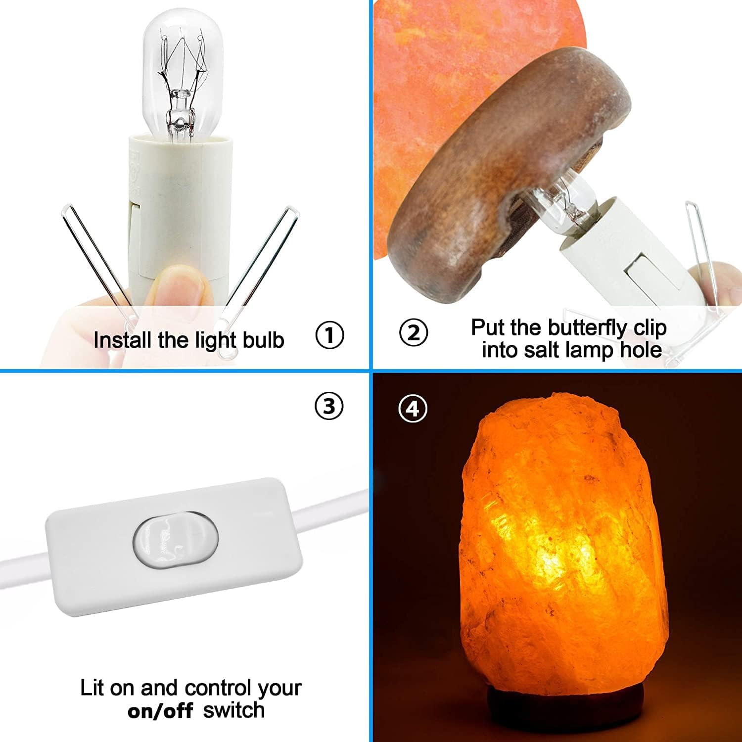 2 Pcs Salt Lamp Cord with 4 Free E14 Bulbs Set, Original Replacement Cord with On/Off Switch Dimmer Button Metal Clip Base, for Himalayan Crystal Salt Rock Lamp - 1.8M Cable 240V SAA Standard image number 5