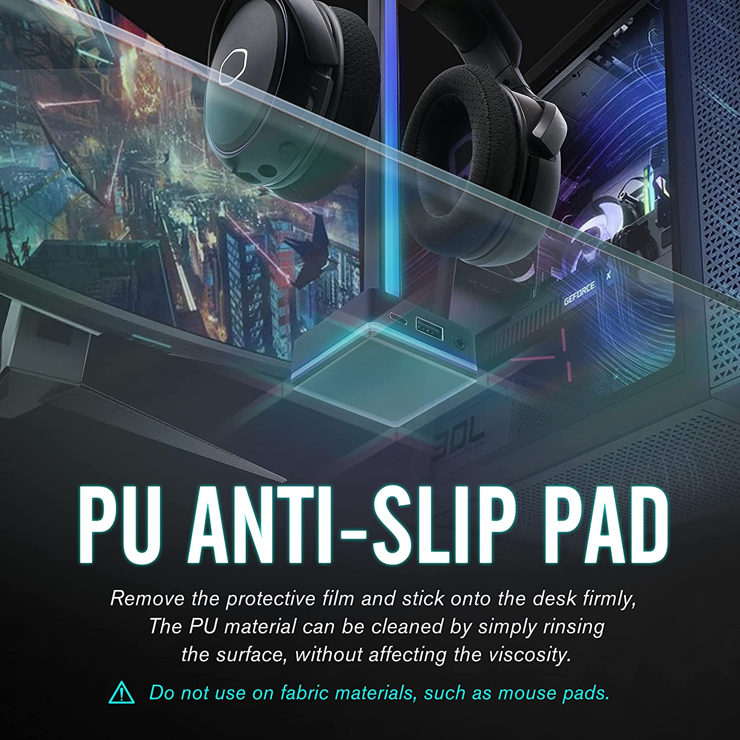 EZDIY-FAB USB LED Light Bar Headphones Stand, Desktop Atmosphere RGB Backlight,50 Built-In Color Modes, Headphone Holder for Gamers Gaming PC Accessories Desk- Black image number 5