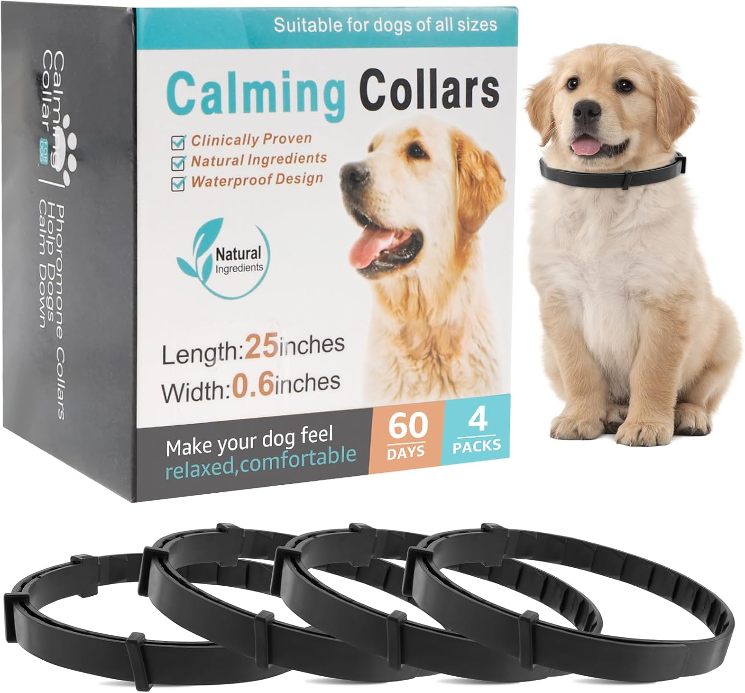 Calming Collar for Dogs,4 Packs Dog Pheromone Calm Collars,Relief Anxiety Stress Separation Lasts 60 Days,Relieve Bad Behavior,25 Inches Size Flexible Adjustable for All Small Medium and Large Dog (A) image number 5