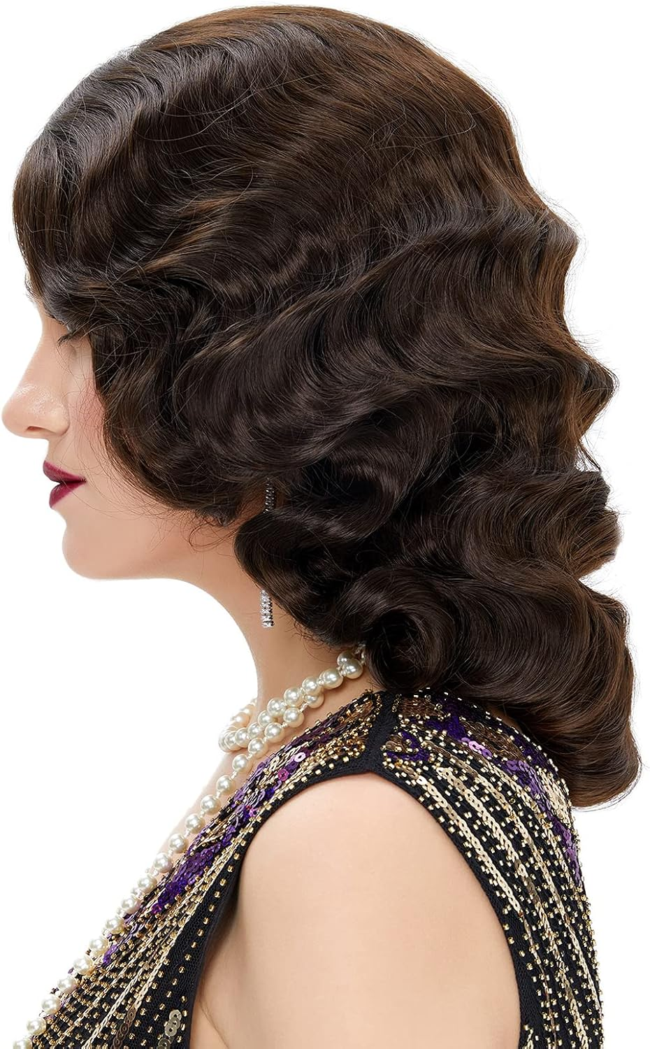 Stfantasy 1920S Brown Retro Finger Wave Wigs Long Curly Natural Wavy Synthetic Wig for Women Daily Costume Party (4357#6)&hellip; (Brown) image number 3