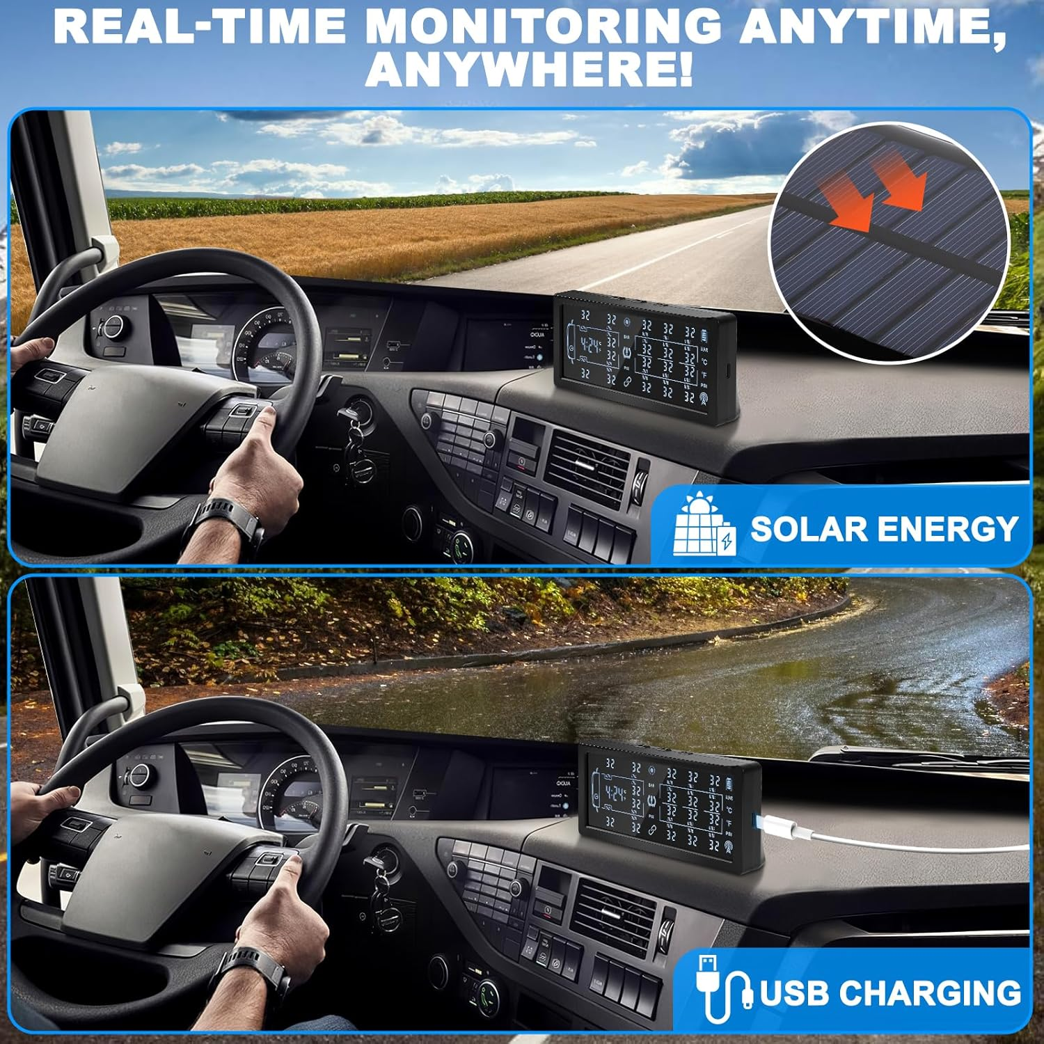 Avutrel TPMS Tyre Pressure Monitoring System Solar & USB Charging Tyre Pressure Monitor with 10 External Sensors, LCD Display & Voice Alarm, Adjustable for 4/6/8/10 Wheels Fits Car, Truck, Trailer image number 1