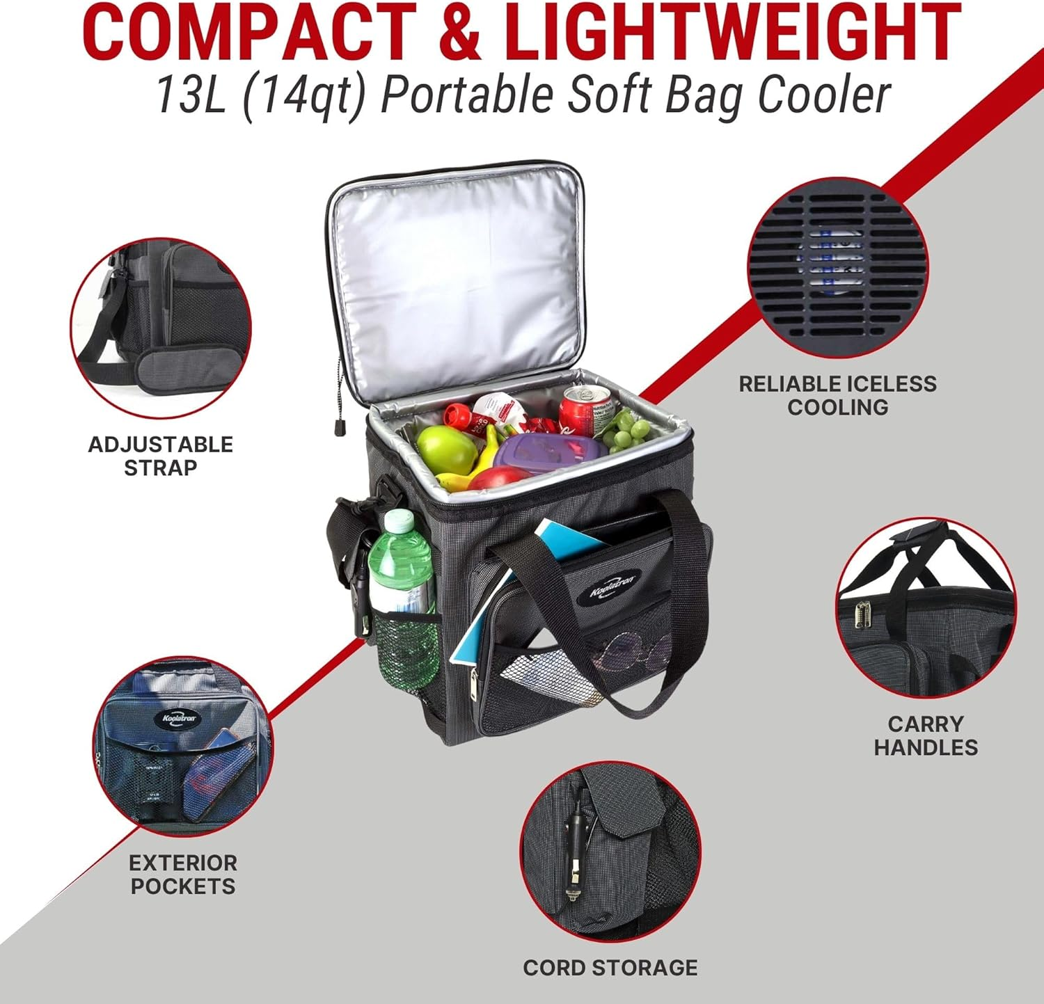 Koolatron 12V Electric Cool Bag,Thermoelectric Soft Cooler Bag,12 Volt DC Connection,Foldable Storage, Plug in Iceless Portable Picnic Bag, for Work Travel Vehicle Car, Truck, Gray/Black image number 4