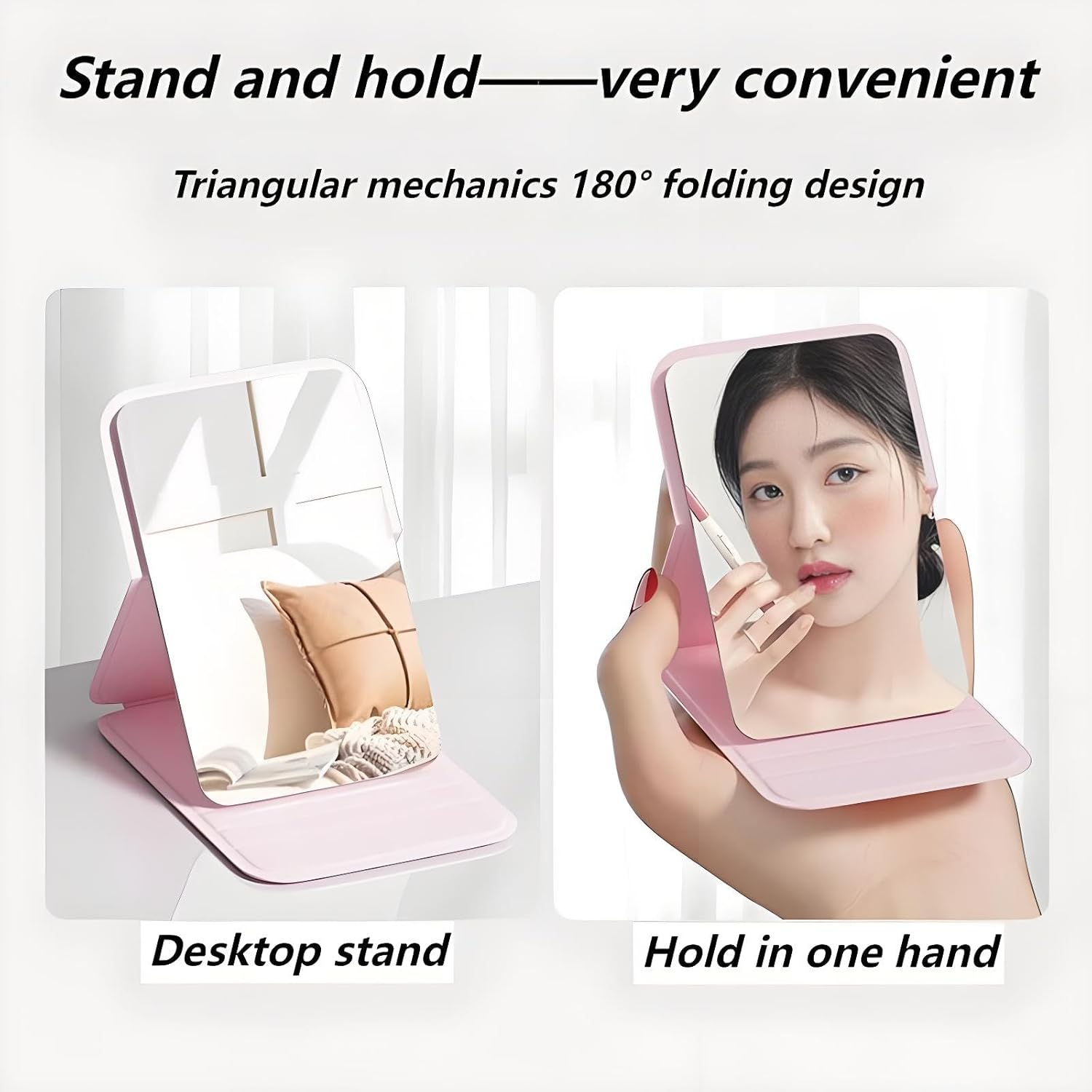 2 Pack Mini Portable Makeup Mirrors - Foldable Desktop Mirror with Leather Case, HD Anti-Distortion Glass for Students, Travel & Dorm (Black & Pink, 10Cm) image number 6