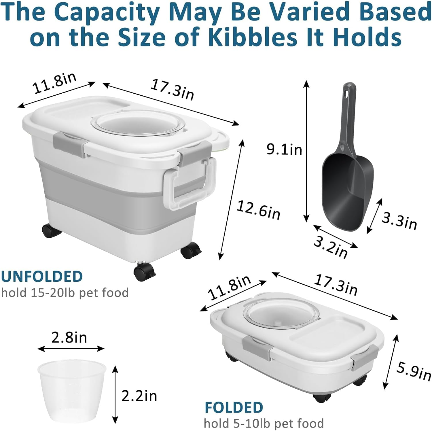 Dog Food Storage Container, 5~20 Lb Collapsible Dog Food Storage Containers with Lids Airtight, Pet Food Scoop,Measuring Cups, Rolling Wheels & Handles, Keep Dry Dog/Cat/Bird Food Fresh,Easy to Move ﻿ image number 6