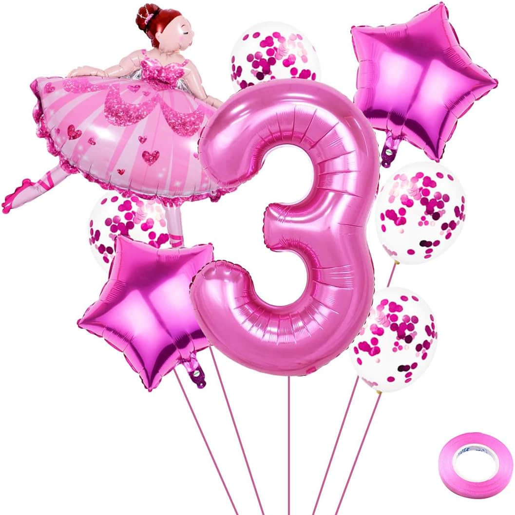 Weenkeey 3 Years Ballet Birthday Decoration Large Ballerina Balloon 3Rd Birthday Ballet Foil Balloon Pink Number 3 Balloon for Girls Birthday Party