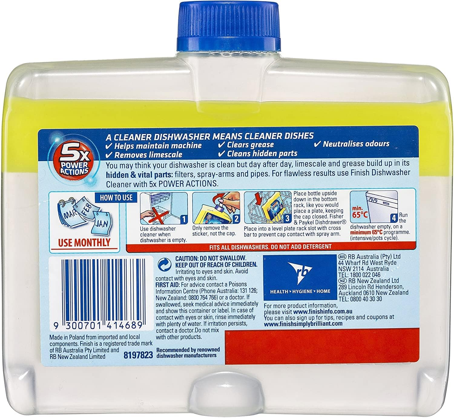 Finish Dishwasher Cleaner Liquid Triple Pack, Lemon Sparkle, 250Ml (Pack of 3) image number 2