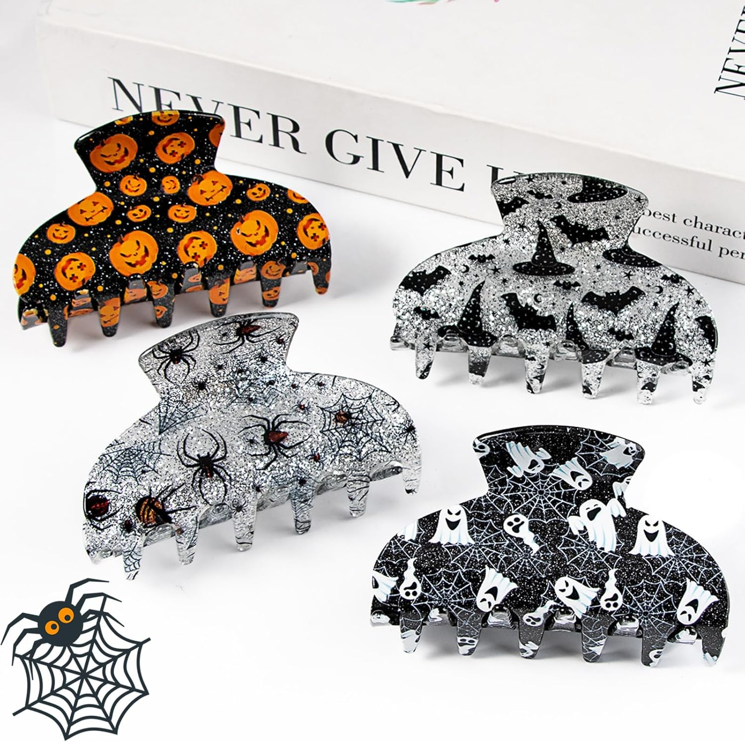4 Pcs Halloween Hair Clips, Bat Hair Clip Ghost Hair Clips Spider Web Hair Clip Halloween Pumpkin Hair Clip Acrylic Ponytail Hairpin, Halloween Hairpin Set, Hair Accessories for Women and Girls image number 1