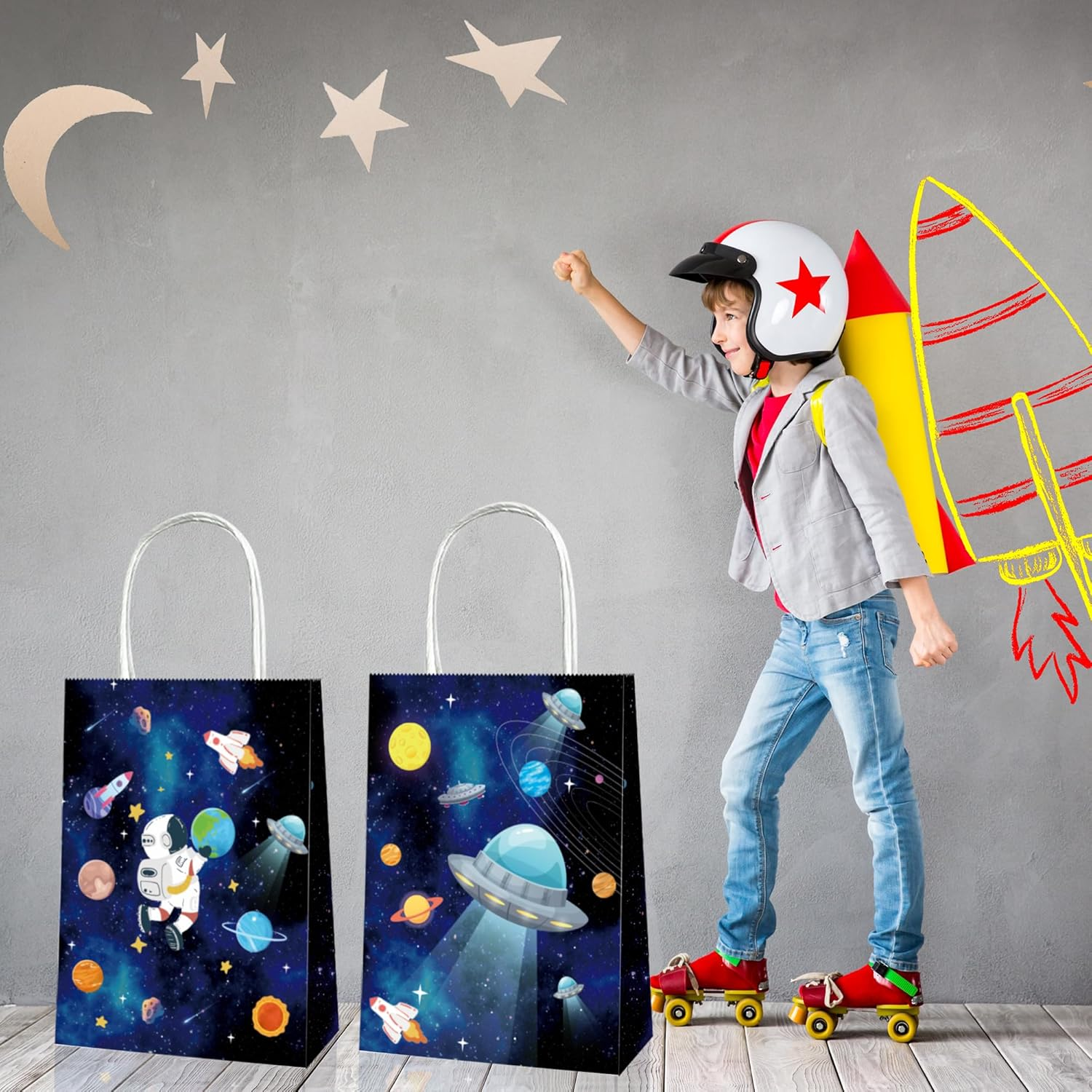 Yamibobo 16 Pack Outer Space Galaxy Party Favor Bags, 21*16*8Cm, Perfect for Kids' Space Themed Birthday Parties, Baby Showers, Themed Parties