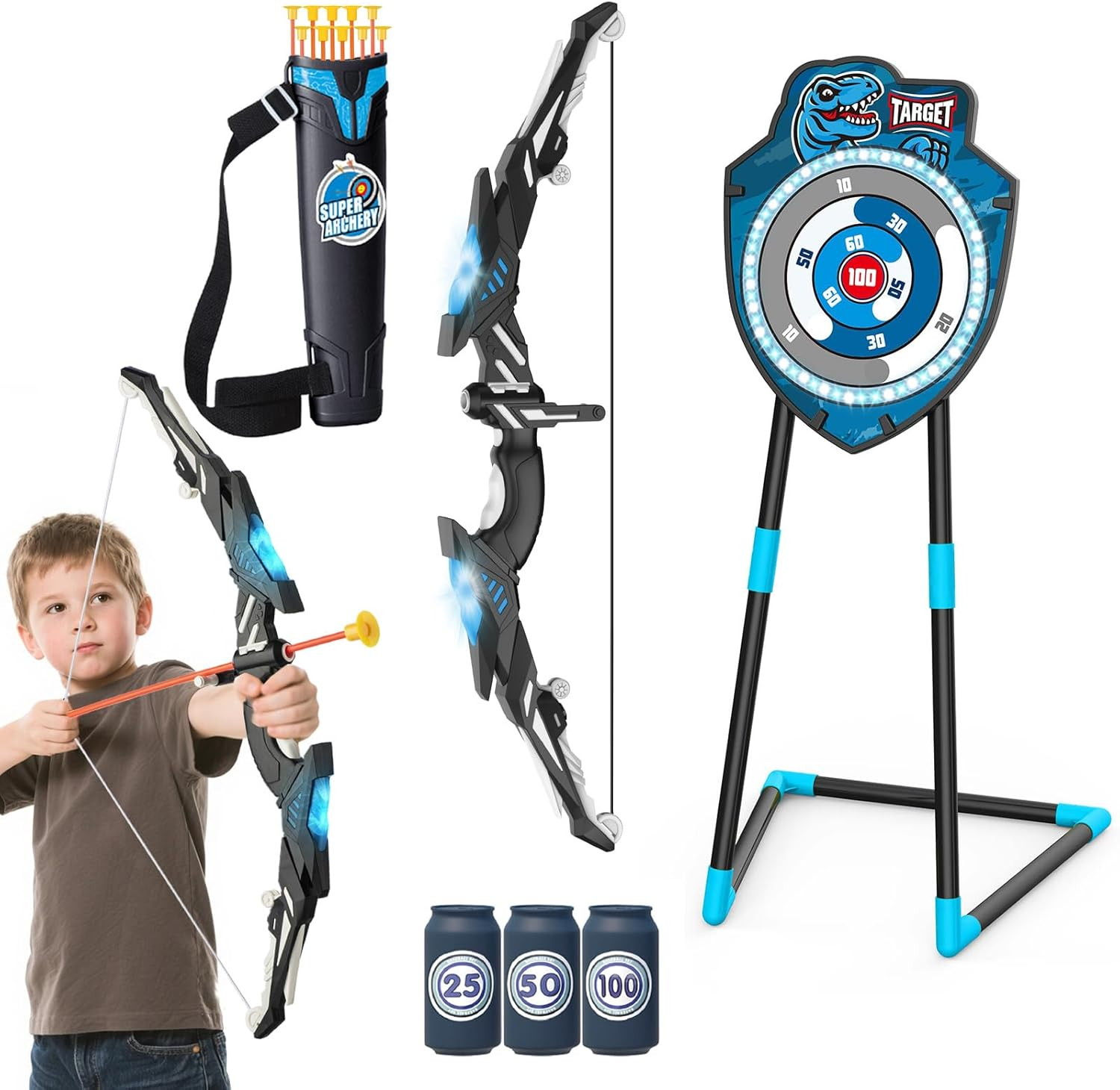 Kids LED Standing Archery Set with Bow & Arrows &ndash; Outdoor Sports Toy for Boys & Girls Ages 4-12, Safe & Fun Target Practice Game, Blue