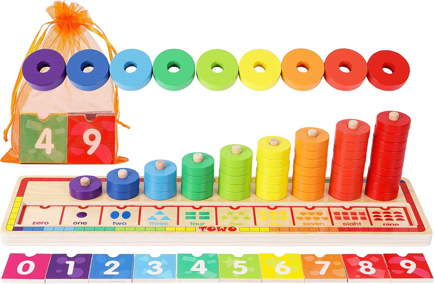 Wooden Stacking Rings and Counting Games with 45 Rings Number Blocks- Wooden Sorting Stacker Toy for 3 Years Old Kids Maths Learning Montessori Materials image number 1