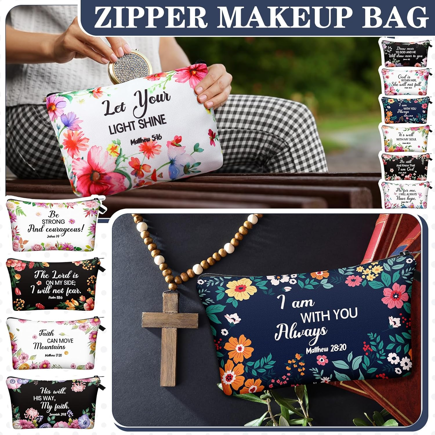 Chunful 12 Pcs Inspirational Christian Gifts Religious Makeup Bags Bulk for Women Bible Verse Flower Cosmetic Bag Thanksgiving Christmas Gift for Church Ladies, 7.48 X 4.72 Inch(Elegant) image number 4
