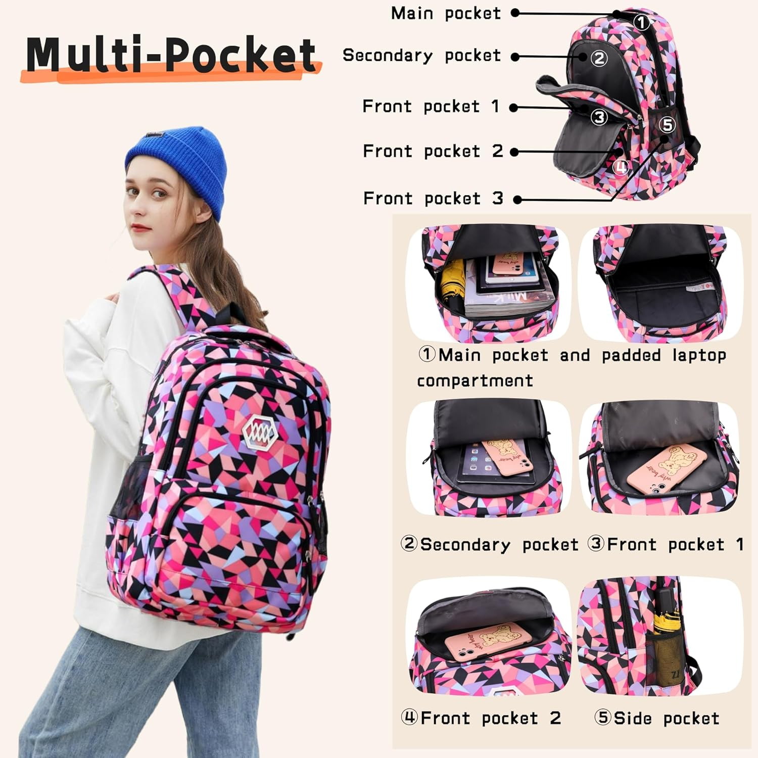 Bansusu Geometric Prints Primary School Student Satchel Backpack for Girls image number 7
