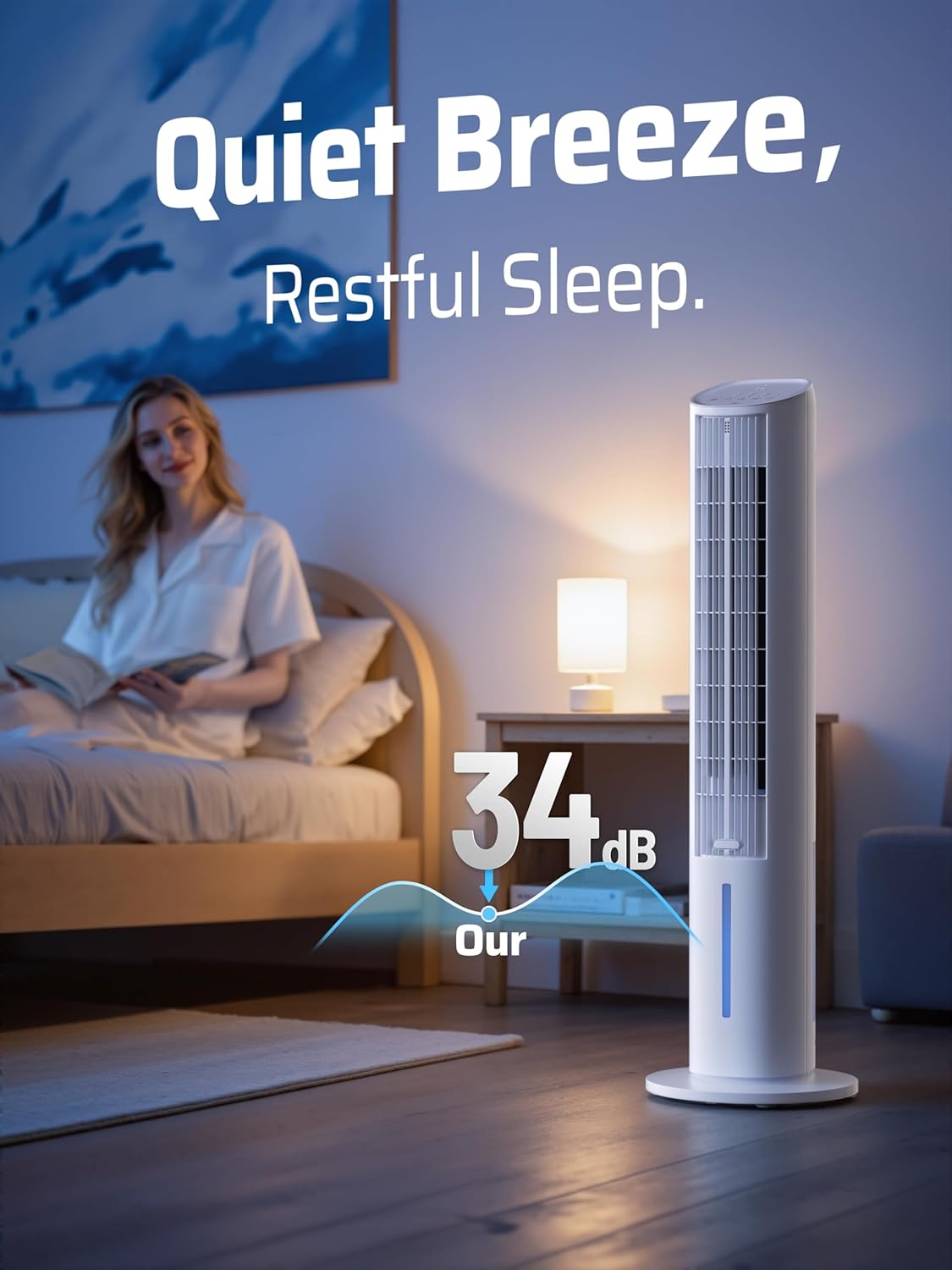 Shanghigh Tower Fan Cooling - Bladeless Tower Fans & Air Cooler with 3L Water Tank & Remote for Room Bedroom Home Office, 80&deg; Oscillating Standing Floor Fan with 3 Speeds, 4 Modes, 12H Timer (White) image number 3