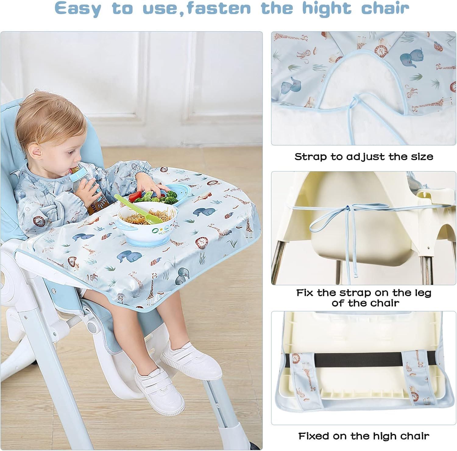 Vicloon Coverall Baby Feeding Bib, Weaning Bib Attaches to Highchair and Table, Long Sleeves Bib with Waterproof - Blue image number 4
