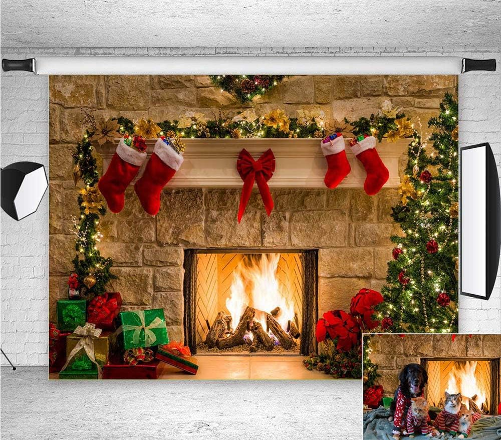 Fireplace Holiday Photography Backdrop Photo Booths Studio Props Vinyl 7X5Ft Christmas Stocking Tree Photo Background Winter Xmas Birthday Party Decorations Baby Shower Supplies