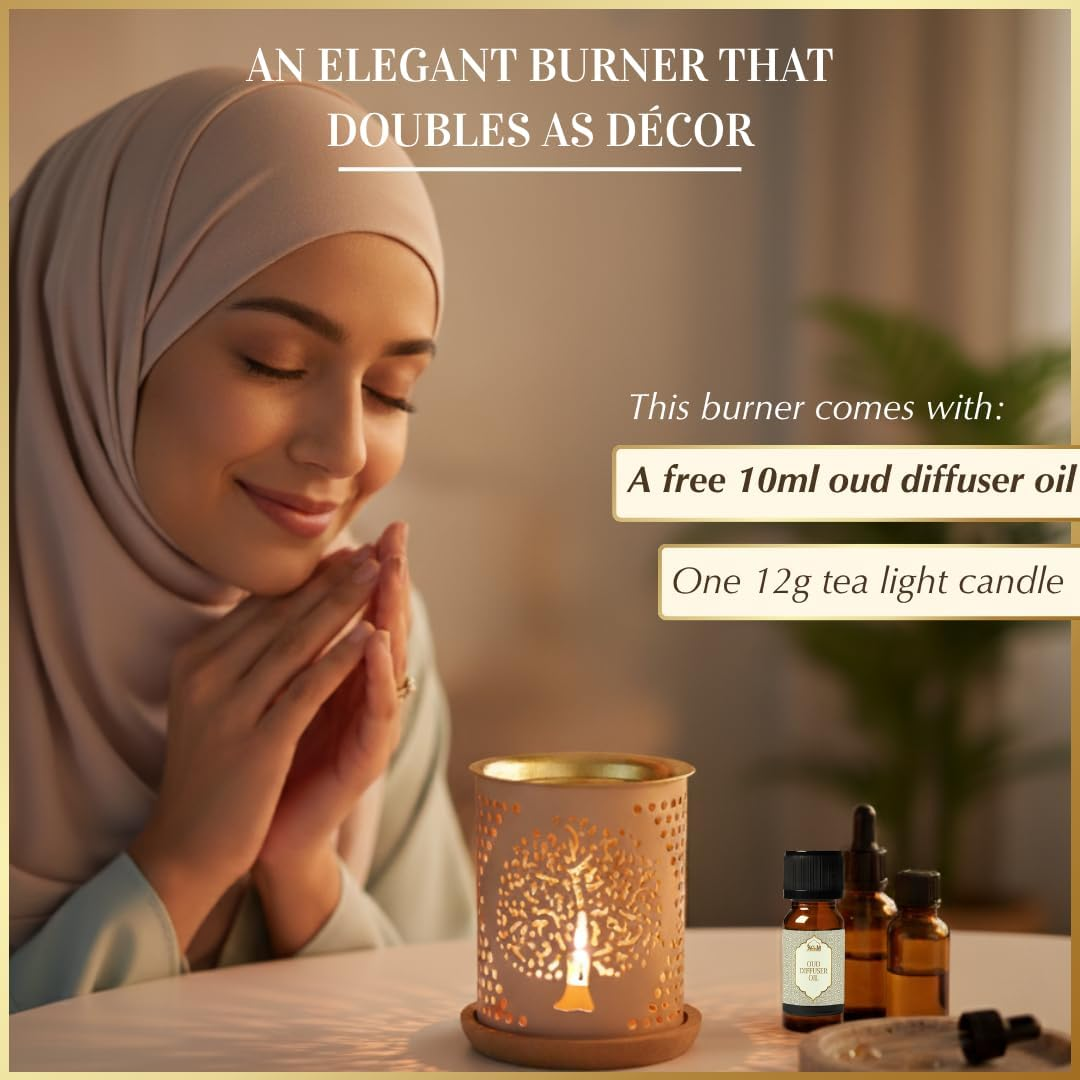 Dukhni Tree of Life Oil Burner | Brass Burner with Candle | Use This Diffuser with Essential Oil & Diffuser Oils | Relax with Home Aromatherapy for Stress Relief, Meditation and Home Fragrance image number 2