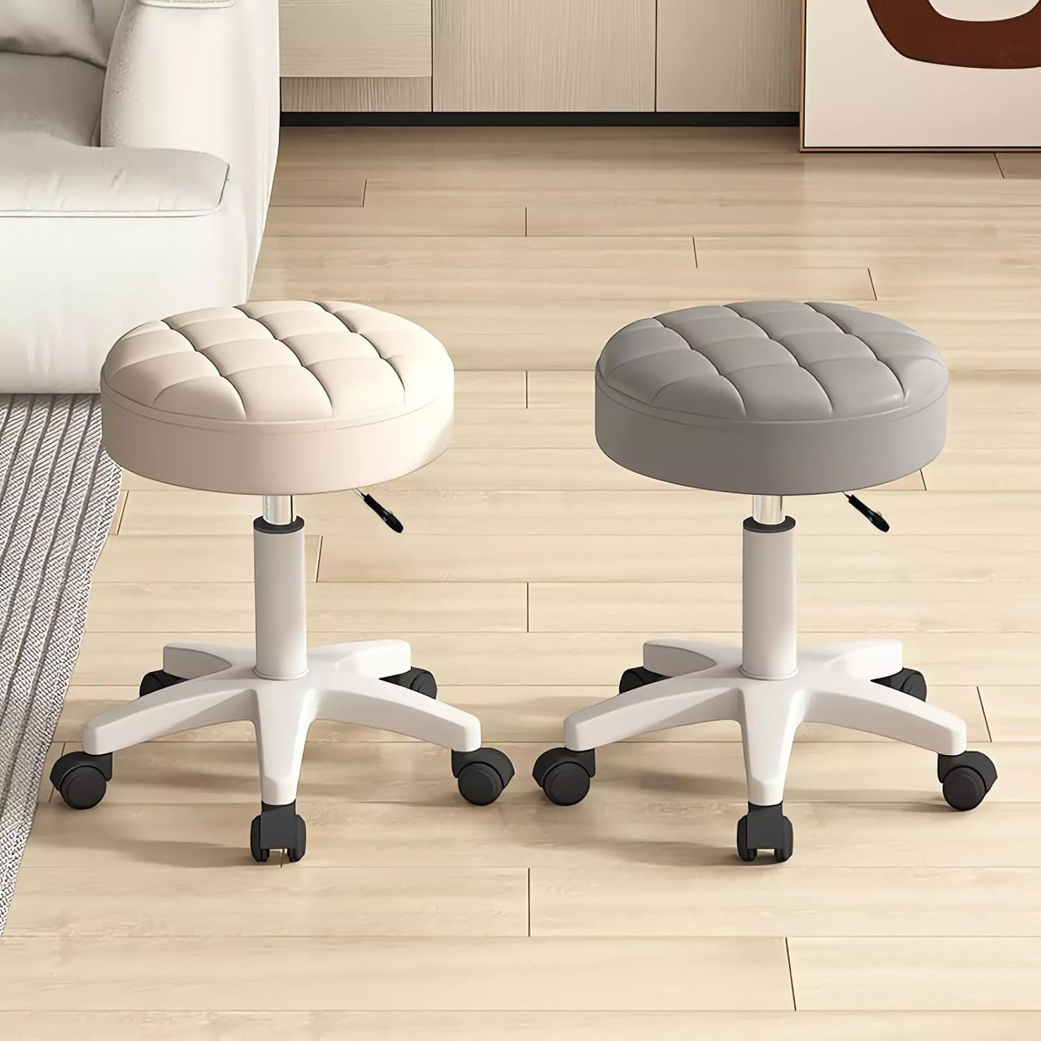 Adjustable Rolling Stool with Quilted Cushion Seat, Elevatable Base, 360&deg; Swivel A173 (E Pink) image number 2
