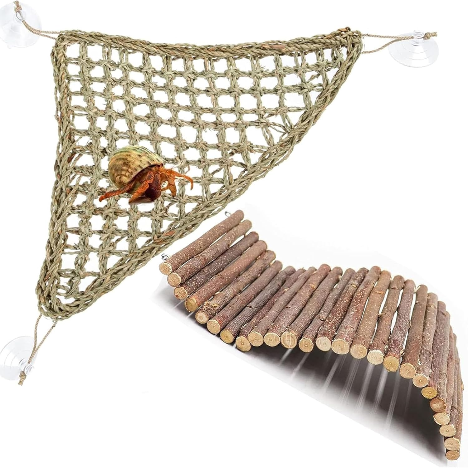 Reptile Tank Accessories Set - Climbing Hammock, Wood Hideout for Bearded Dragon, Leopard Gecko, Hermit Crab & Snake Habitat Decor image number 3