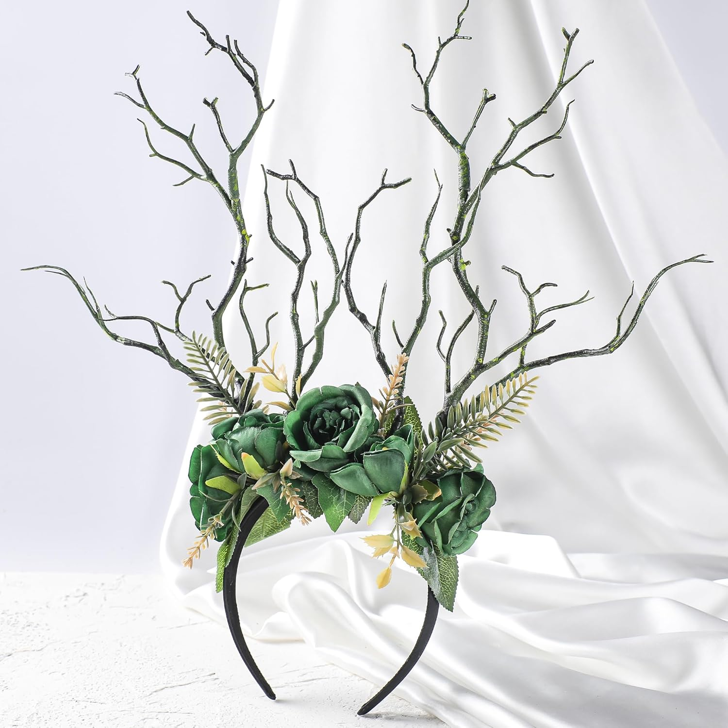 MOSTORY Fairy Forest Branch Headband Floral Forest Headband with Brown Antler Headwear for Renaissance Accessories Women Witch Outfit Renfaire Halloween Cosplay Fantasy Photo Shoot image number 1