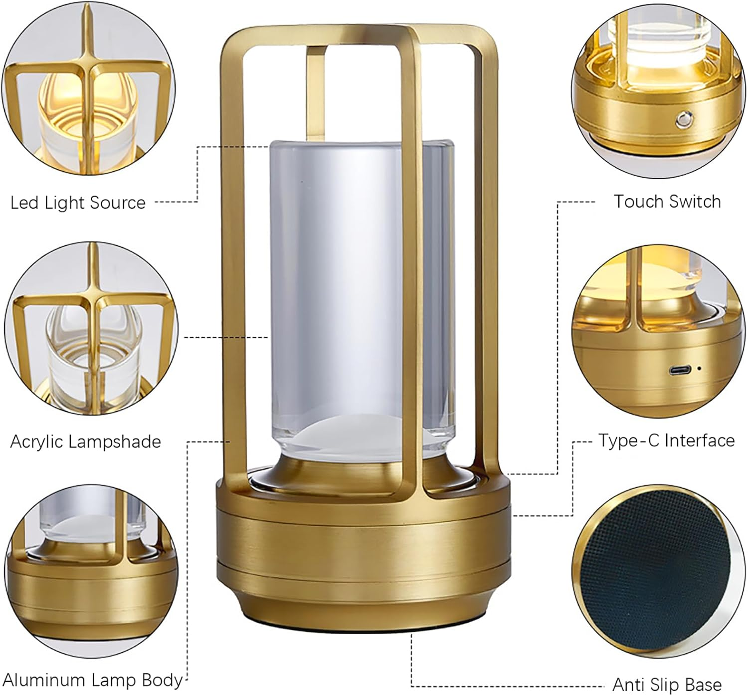 Shenzhi Tech LED Table Lamp, USB Rechargeable Desk Lamp, Touch Controlled Dimmable Indoor Night Light for Home Decor Bedside Room Hotel Office Cafe (Golden) image number 6