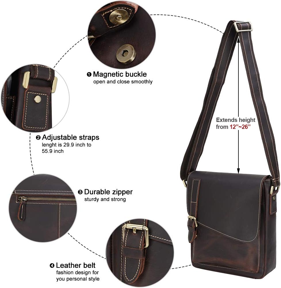 TIDING Vintage Leather Crossbody Bag for Men Women Messenger Bag Fits 10 Inch Tablet Flap over Man Purse Handbag image number 6