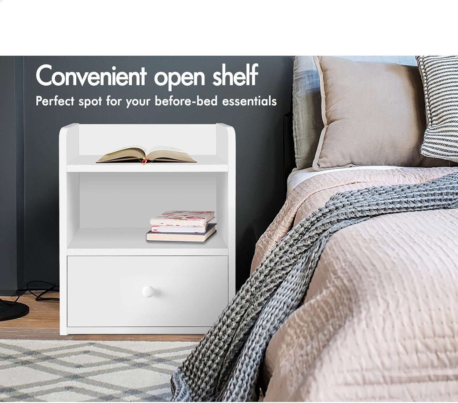 ALFORDSON Bedside Table with Drawer, Nightstand Cabinet Organiser 37.5Cm X 34Cm X 45Cm, Wooden Furniture Bedroom Storage Side Chest End Table for Hallway, Bedroom and Living Room, White image number 5