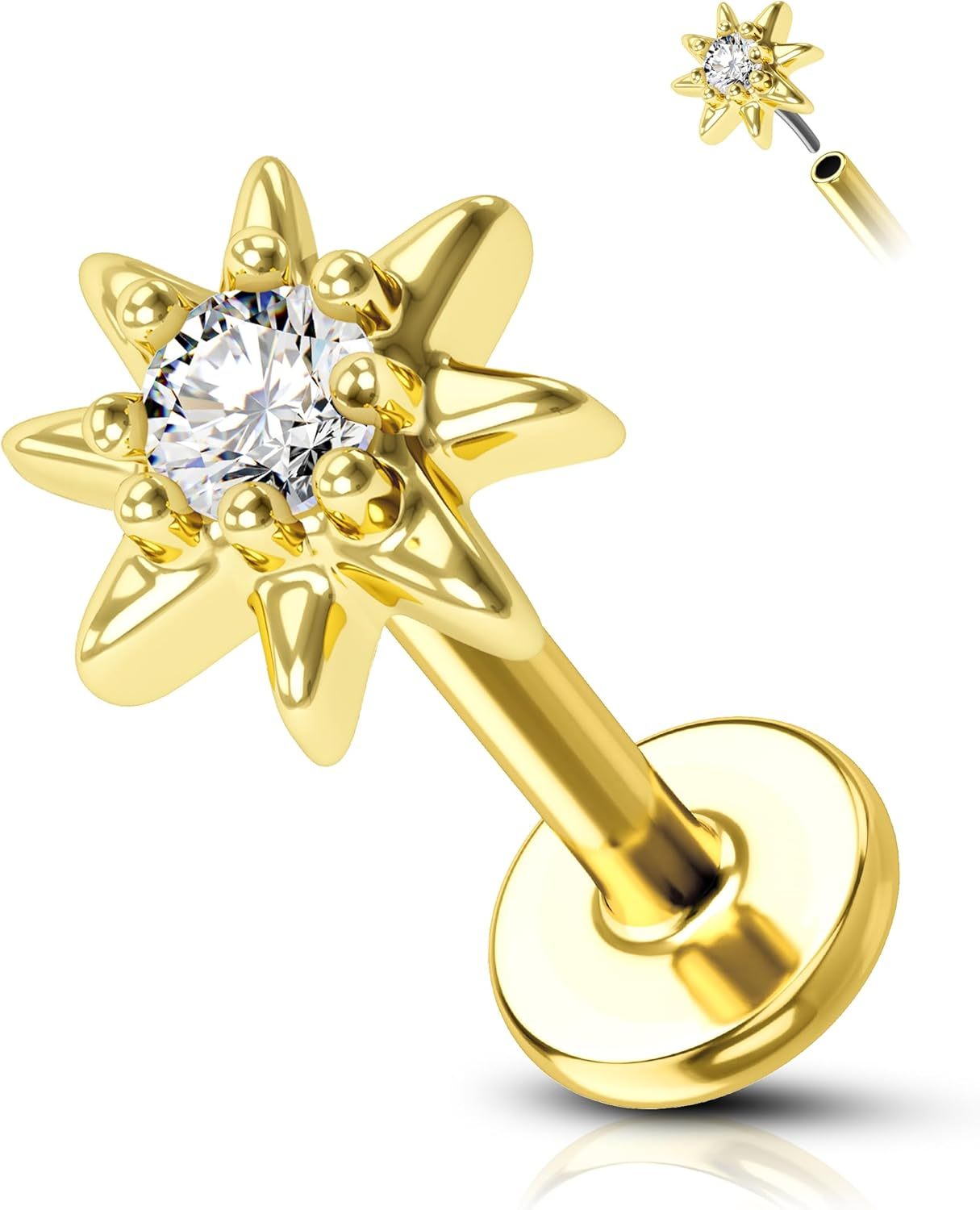 COCHARM Helix/Tragus/Conch/Cartilage Piercing Jewellery 16G 6Mm/8Mm - Threadless Star Tragus/Cartilage Earring Stud with Flat Back, Push Pin Surgical Steel Lobe Jewellery in Gold & Silver