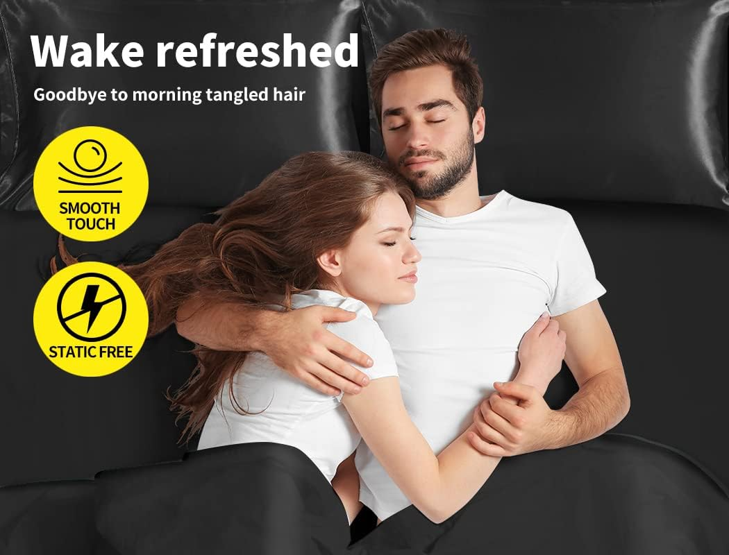 Dreamz Silky Satin Sheets Fitted Flat Bed Sheet Pillowcases Summer Double Black image number 3