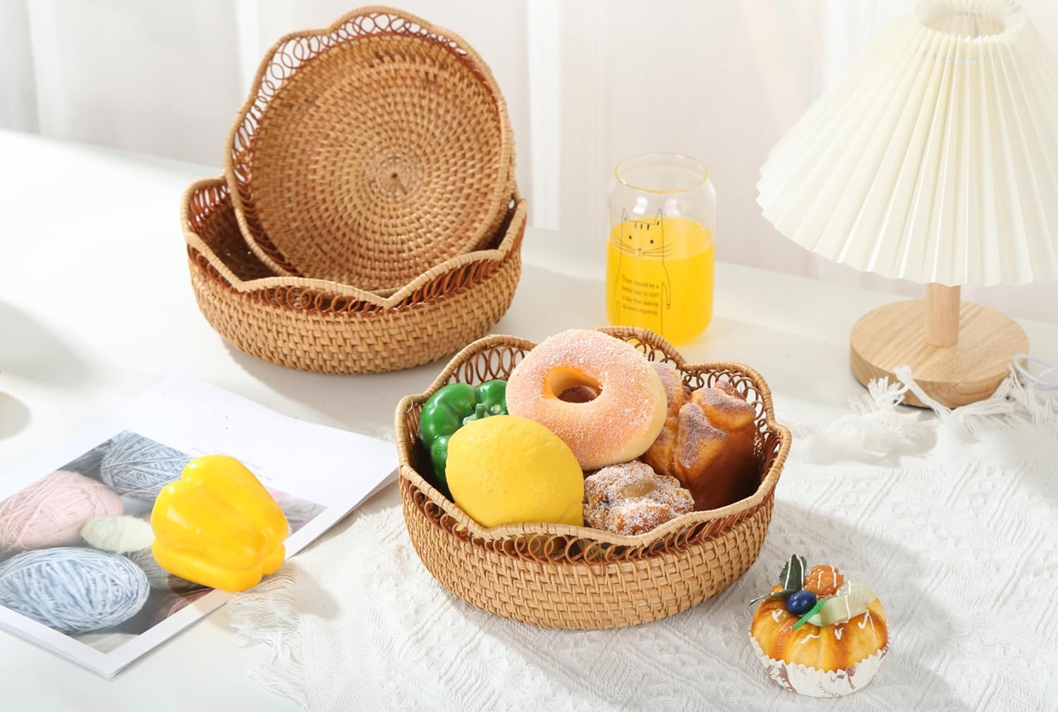 Rattan Bread Basket for Serving,Set of 2（8&rsquo;&rsquo;/9&rsquo;&rsquo;）Round Fruit Basket,Picnic Baskets,Natural Woven Serving Basket Bowls,Handmade Decorative Baskets for Kitchen Counter, Organizing, Storage, Home Decor image number 1