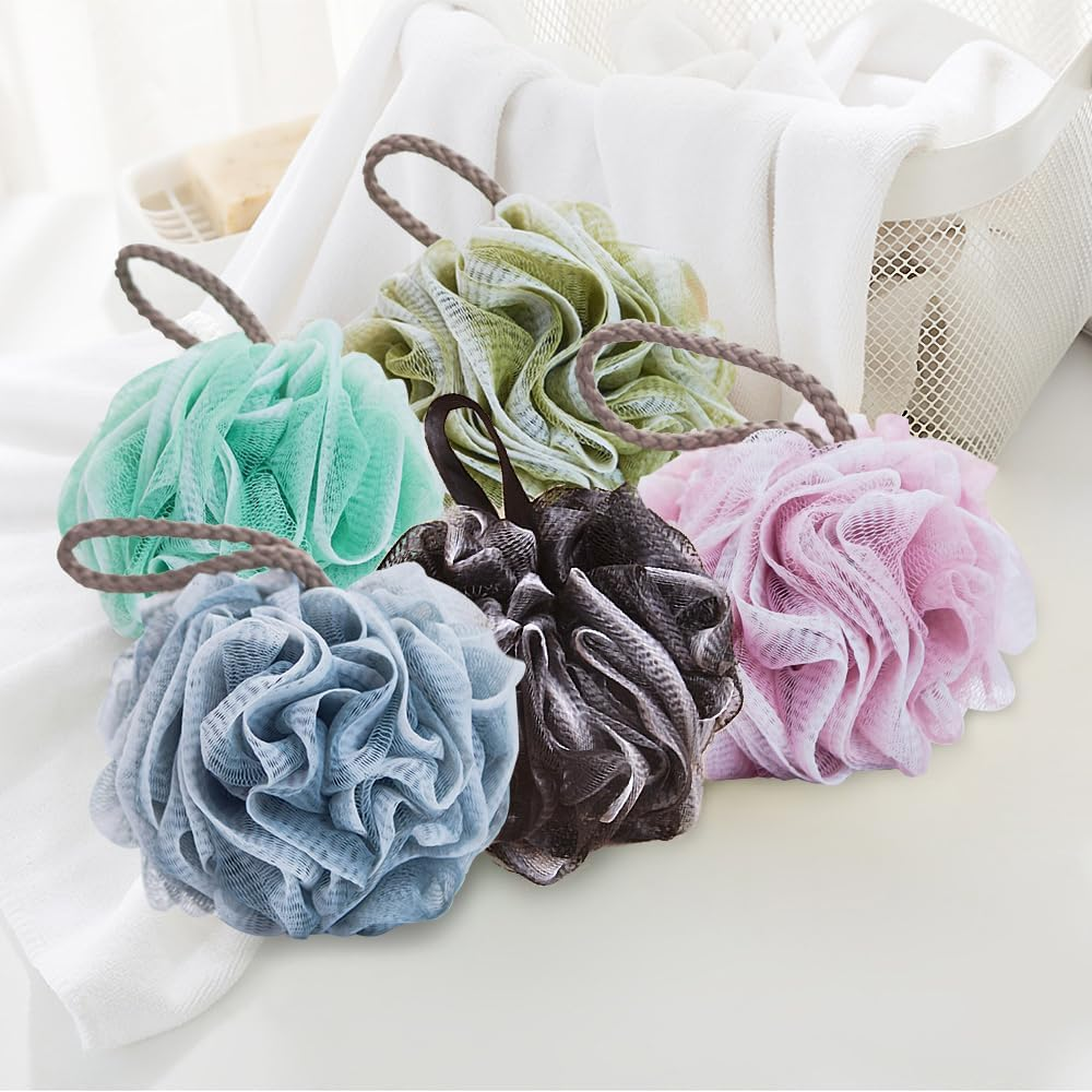 Miss Rui Shower Bath Sponge Shower Pouf Loofahs Balls 60G/Pcs for Body Wash Bathroom Men Women Kids Set of 2 Pink Sponges