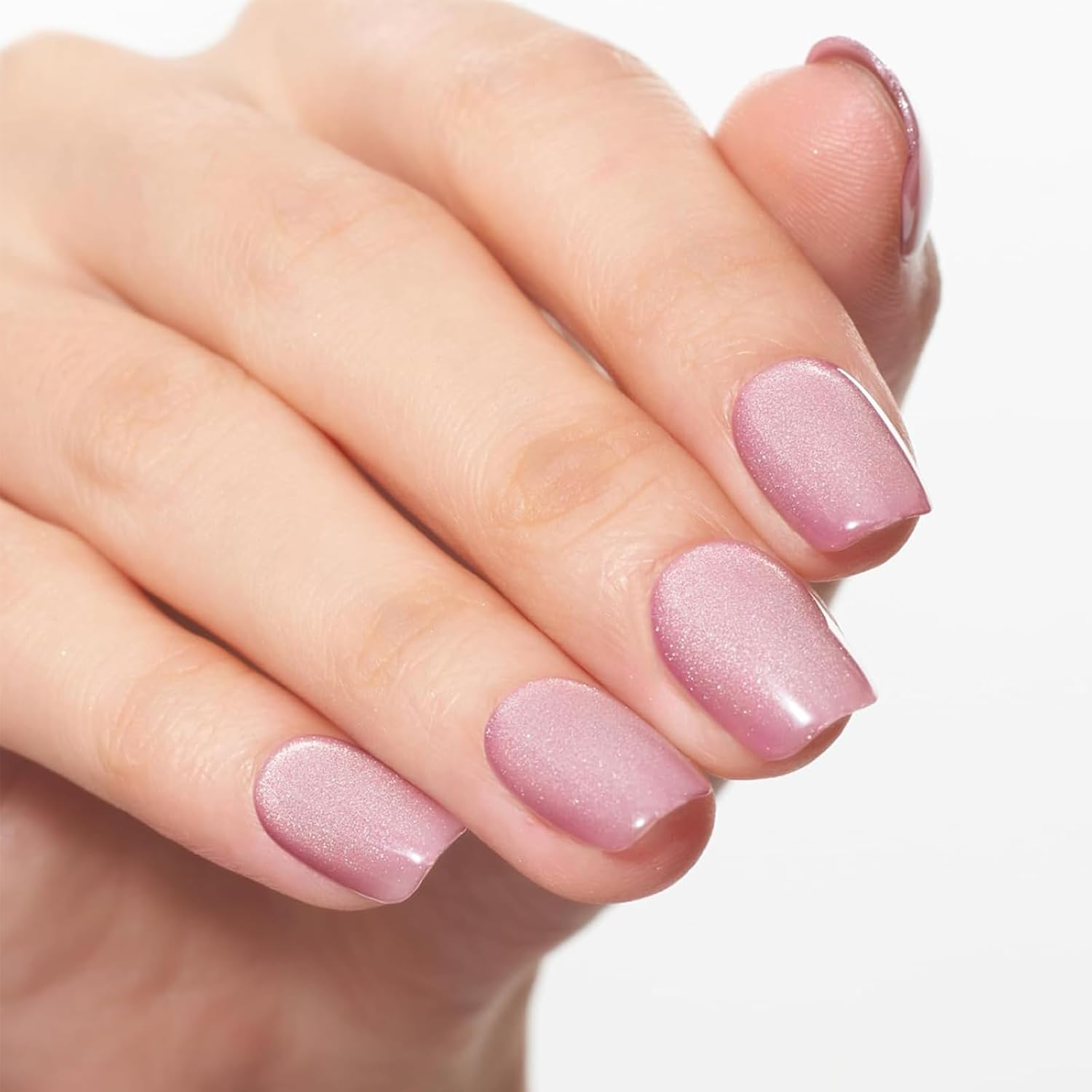 Qioon 24 Pcs Cat Eye Press on Nails, Pink Glitter French False Nails with Adhesive Tabs, Short Square Stick on Fake Fingernails for Women and Girls, Easy Nail Art Design