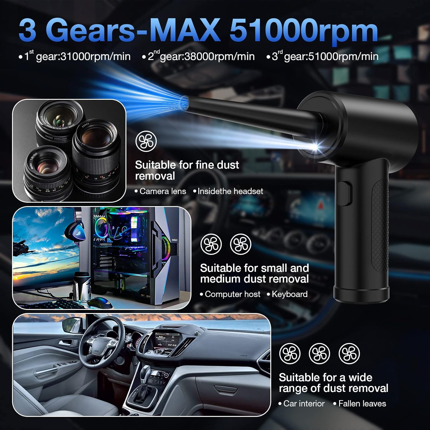 LGINZS Compressed Air Duster, 3 Gear to 51000RPM Cordless Electric 6000Mah Rechargeable Blower with LED Light for Laptop Computer Keyboard Cleaning Pet Hair Crumb Replaces Can image number 2