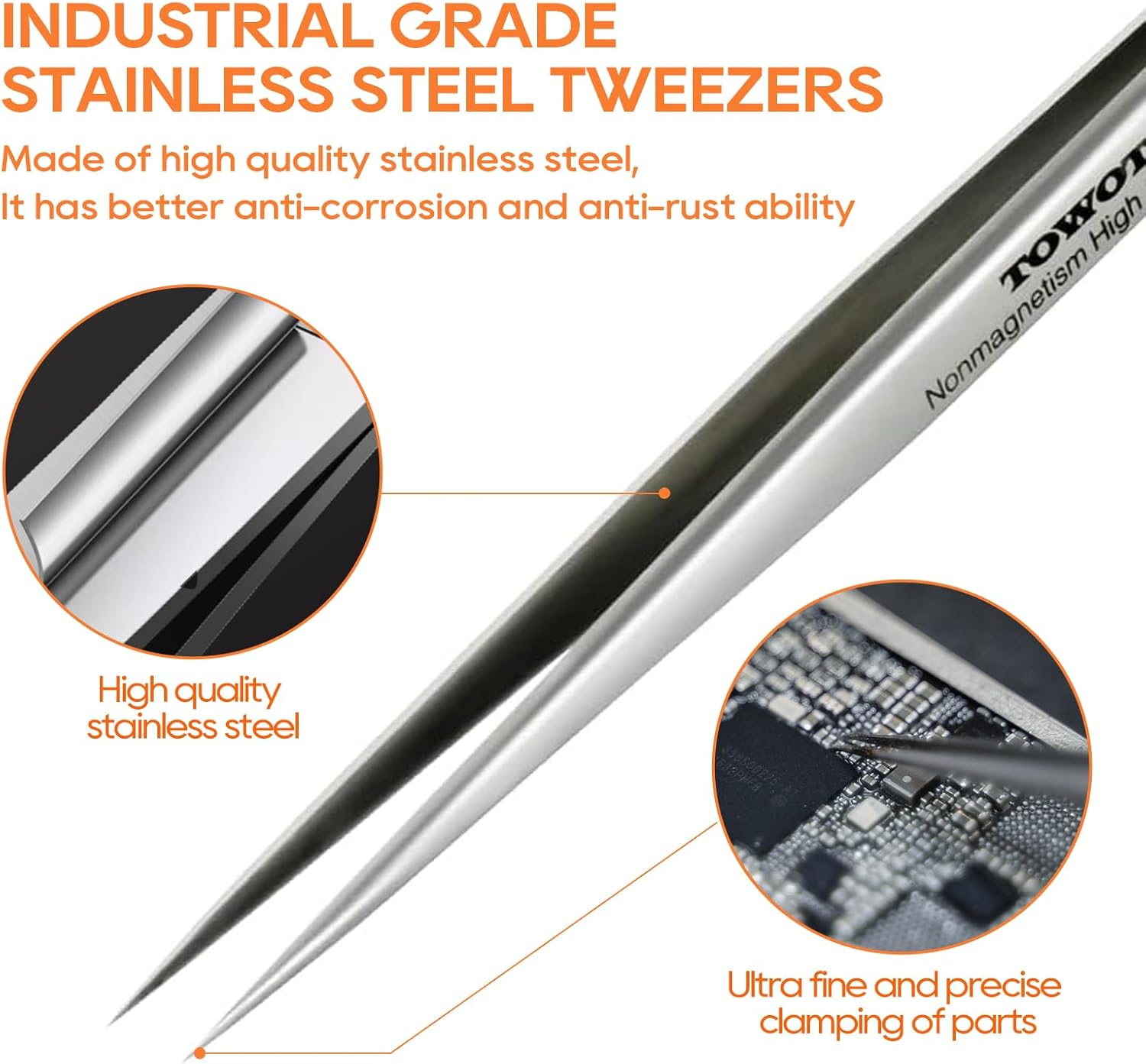 TOWOT Precision Tweezers, Stainless Steel Pointed Tweezers for Craft, Electronics, Soldering, Experimental Work, Jewelry-Making, Non-Magnetic Industrial Tweezers