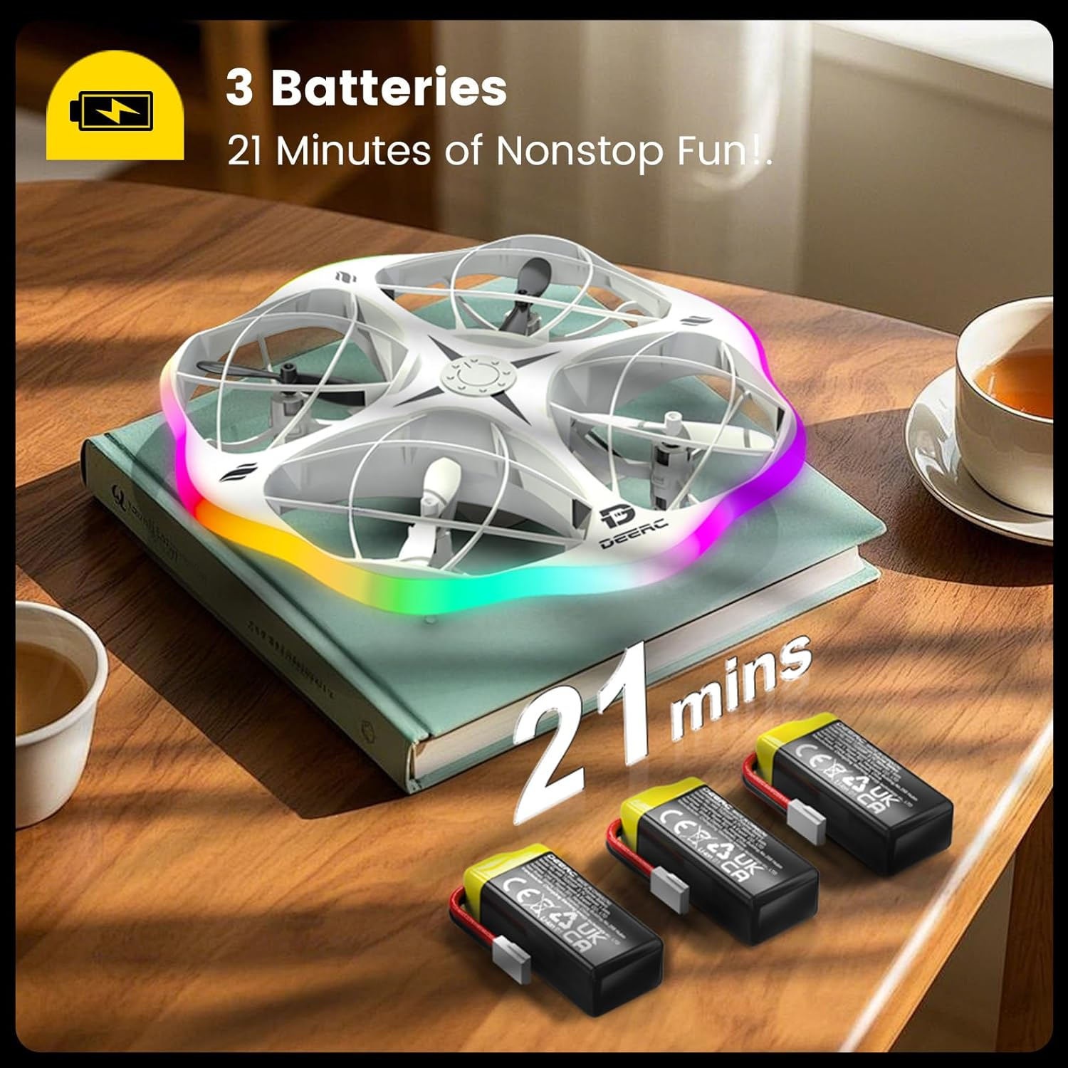 DEERC D13 Mini Drone for Kids with Obstacle Avoidance, 6 Lighting LED Modes, Easy Small UFO Toys with 3 Batteries Longer Flight Time, Throw to Go, 3D Flips, Birthday Gift,For 6-12 Year Old Boys Girls image number 3