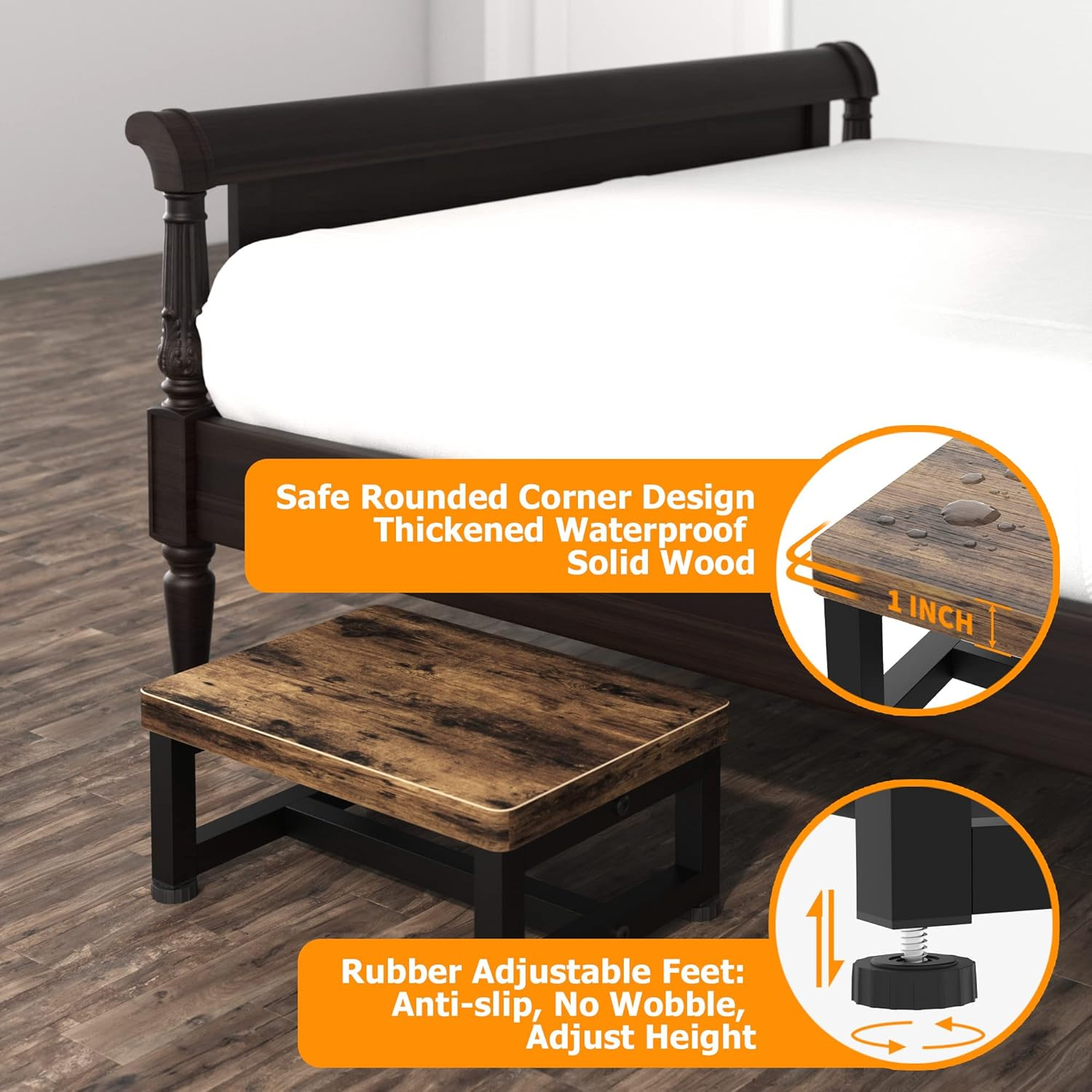 Wooden Step Stools for Adults Kids with Non-Slip Rubber Feet, Heavy Duty Stepping Stools with 500-LBS Capacity for Bedroom Kitchen Bathroom, Bed Steps for High Beds, Easy to Assemble, Rustic Brown - Black image number 5