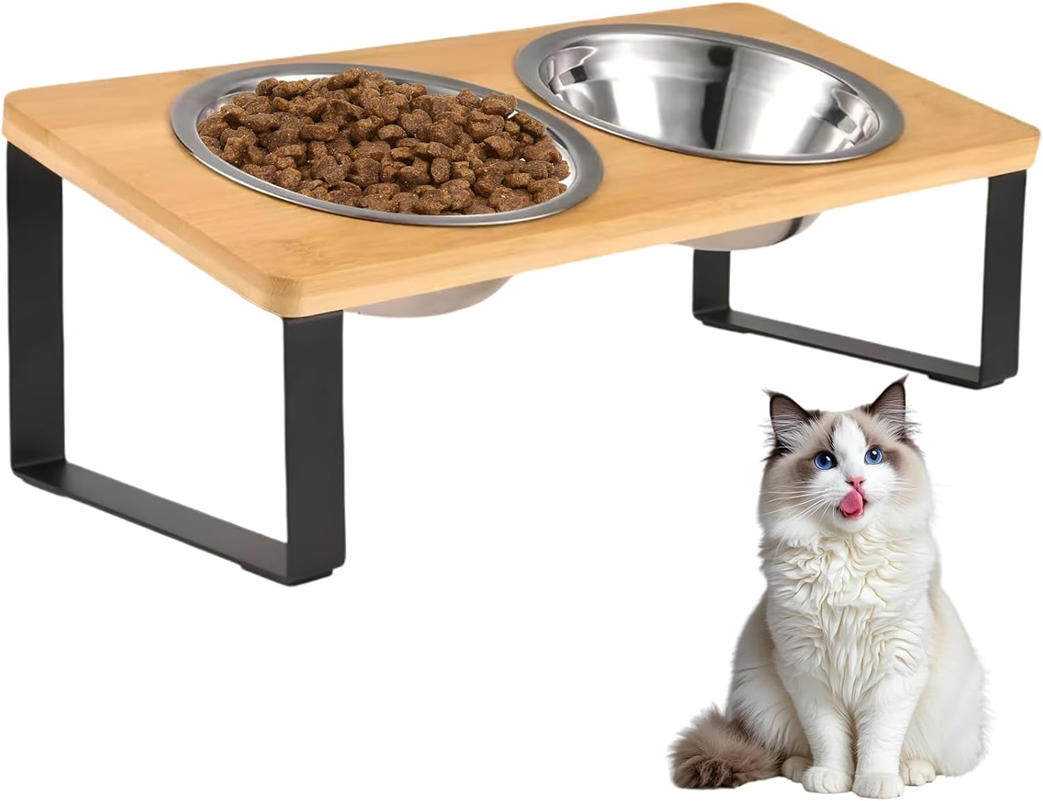 Elevated Cat Food Bowls with Non-Slip Mat, 15&deg; Tilted Stainless Steel Raised Feeding Dishes, anti Vomiting Station for Pet Food & Water, Durable Bamboo Stand Bowl for Cats & Small Dogs