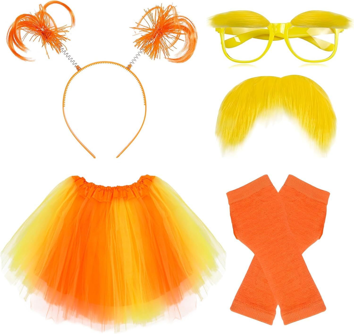 4 Pcs Orange Costume Yellow Mustache and Eyebrows Glasses for Kids 4-8, Fake Beard Moustache, Halloween Cosplay Accessories for Book Week Costume Funny Party Favor