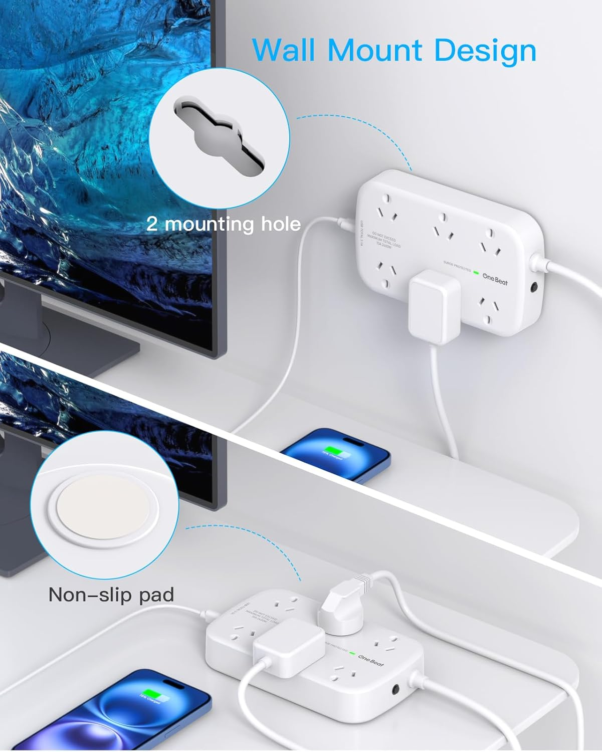 One Beat Surge Protected Power Board with 6 AC Outlets & 4 USB Ports (2&times;USB-C), 1.5M Extension Cord, AU Standard Travel Power Strip for Office, Dorm, Home Essentials image number 4