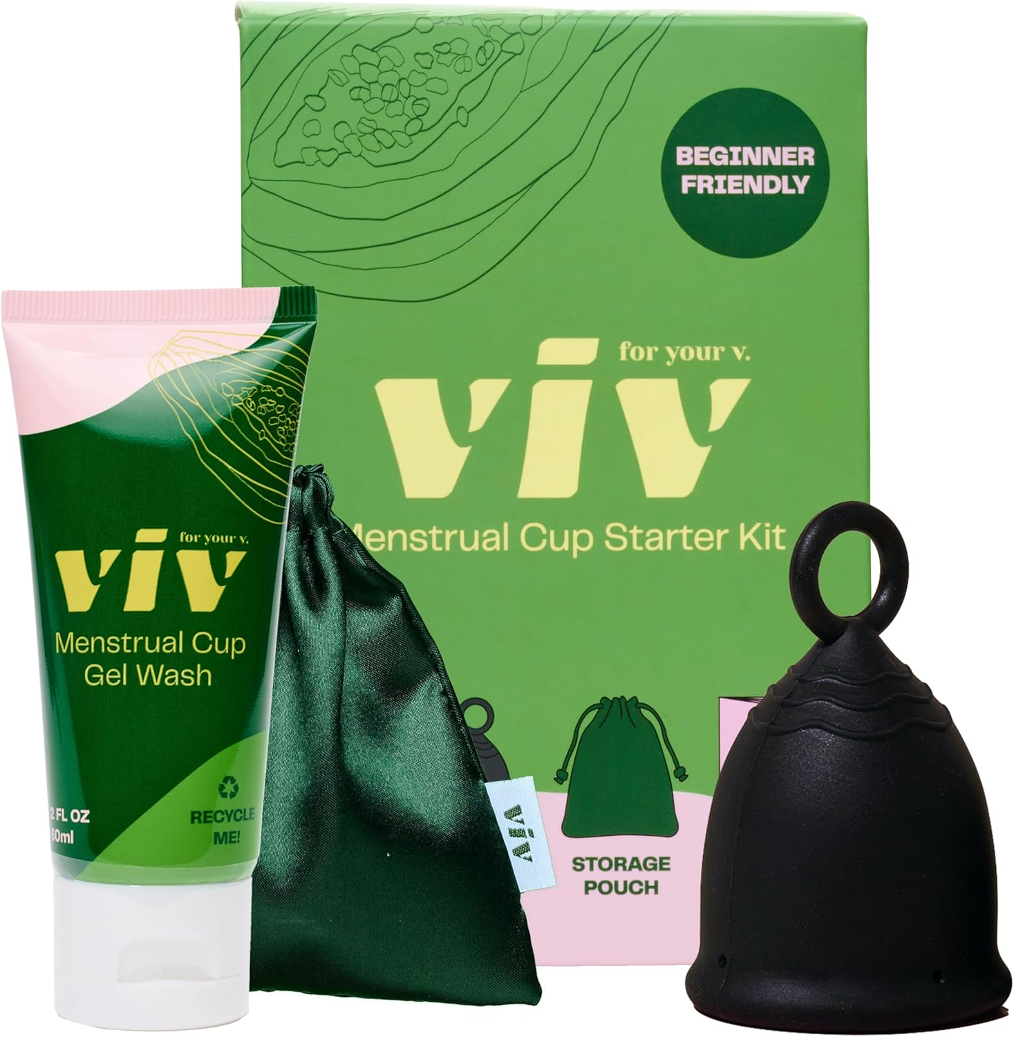 Viv for Your V Cup Starter Kit - Menstrual Cup Kit for Beginners - Sustainable Period Care - Easy to Use & Remove Period Cup W/ Cleanser & Storage Pouch - Plastic-Free, Non-Toxic, Vegan, Cruelty-Free