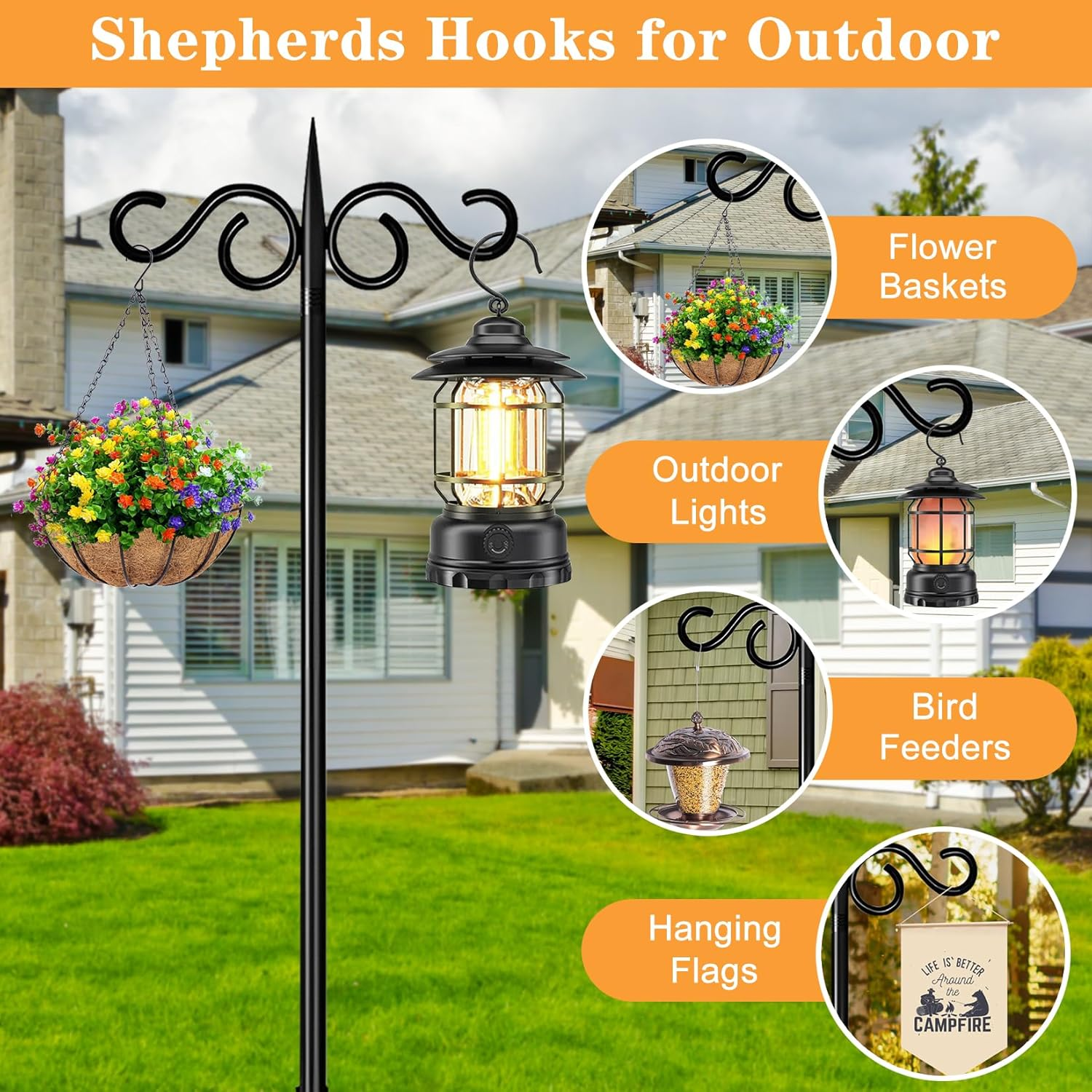 Shepherd Hooks Outdoor, 76 Inch with 5 Prong Base, Heavy-Duty Metal Bird Feeder Pole Stand for Hanging Plant, Flower Pots, Lanterns, Wind Chime, Weddings Decor
