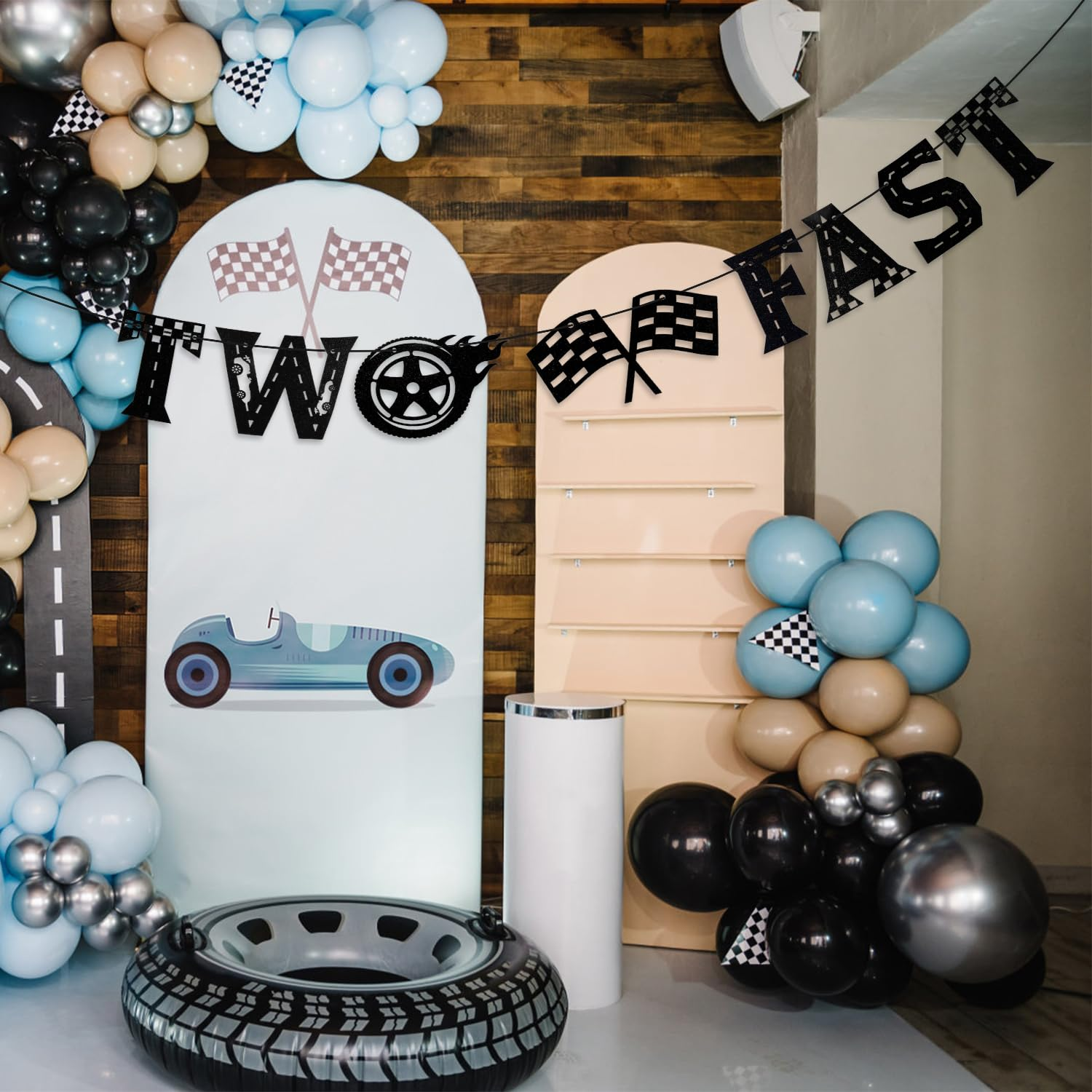 Two Fast Banner, Black Two Fast Birthday Banner Racing Car Birthday Party Decorations Paper Pre-Assembled Two Fast Birthday Decorations for Parties image number 2