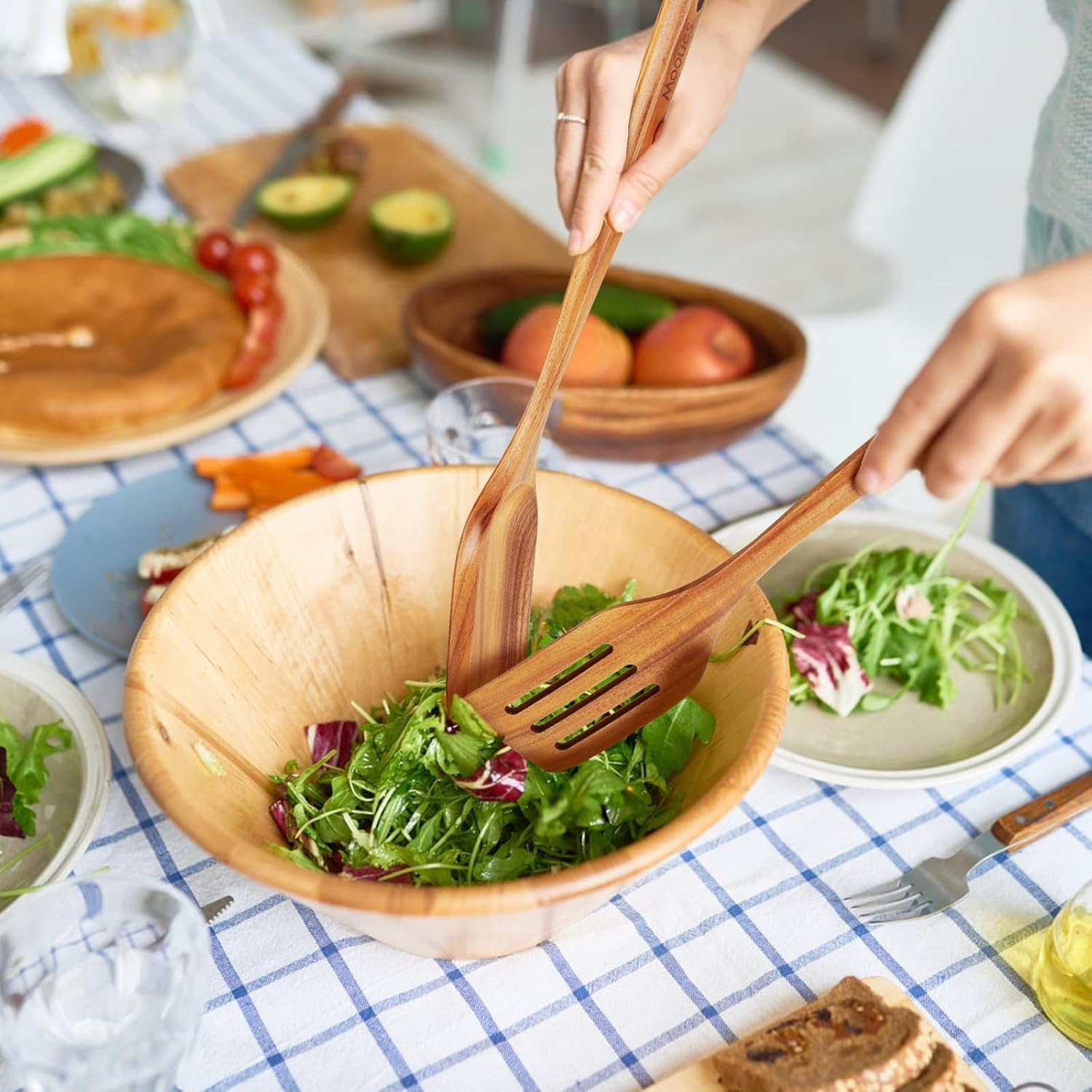 Mooues 9-Piece Natural Teak Non Stick Cookware Kitchen Utensil with Spoon Holder - Comfortable Grip for Cooking Spoons and Storage Buckets image number 6