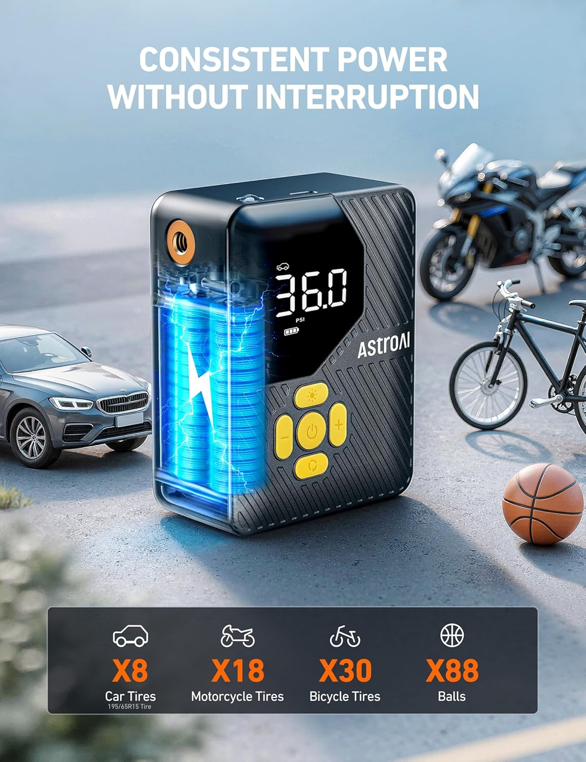 Astroai L7 Mini Tire Inflator Portable Air Compressor,150 PSI Cordless Car Tires Air Pump with LED Lights&Pressure Gauge,Auto Shut-Off - Tire Pump for Auto,Motorcycle, Bicycle image number 3