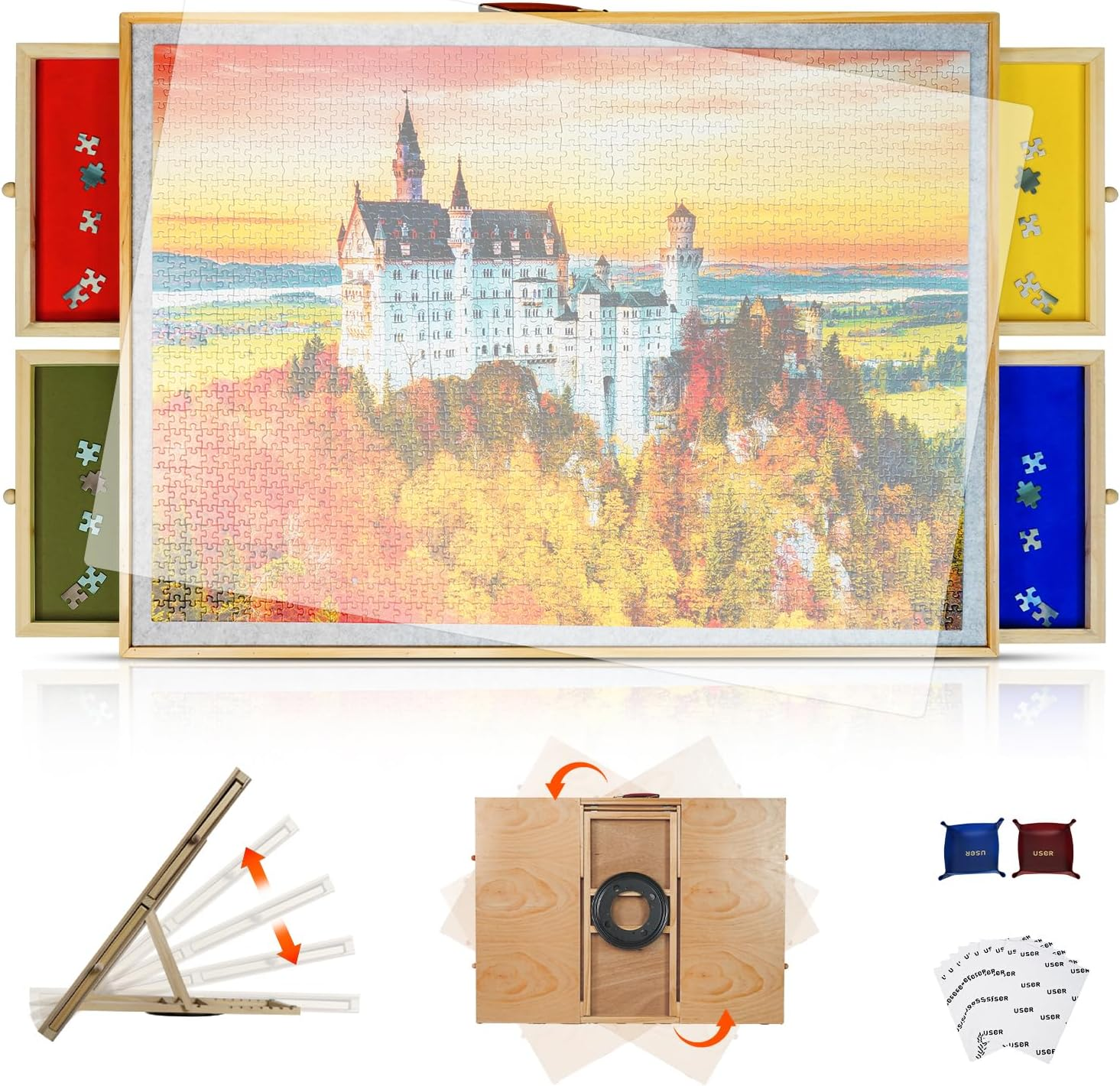 USOR 2-In-1 Rotating & Tilting Puzzle Board for 1500 Pieces, 92X65Cm Wooden Jigsaw Puzzle Table with Drawers, Cover, Lazy Susan, Non-Slip Suede Surface & 4 Sorting Trays, Adults, Varnished