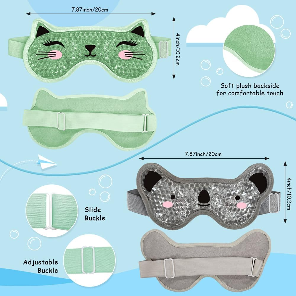 CONBELLA Kids Ice Packs 2 Packs Cooling Eye Mask with Soft Plush Backing for Children Boo Boos Sinus Headache Fever Patch for Kids (Green+Grey) image number 2