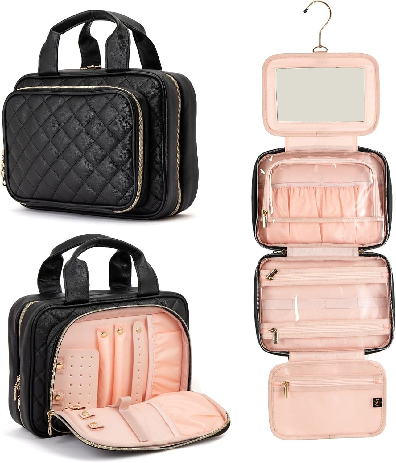 Elite Dance Gear Travel Toiletry Bag with Mirror - Cosmetic Bag with Hanging Hook for Women & Men - Container for Travel Accessories, Essentials, Toiletries, Jewelry, Black, Toiletry Bag with Rack image number 6