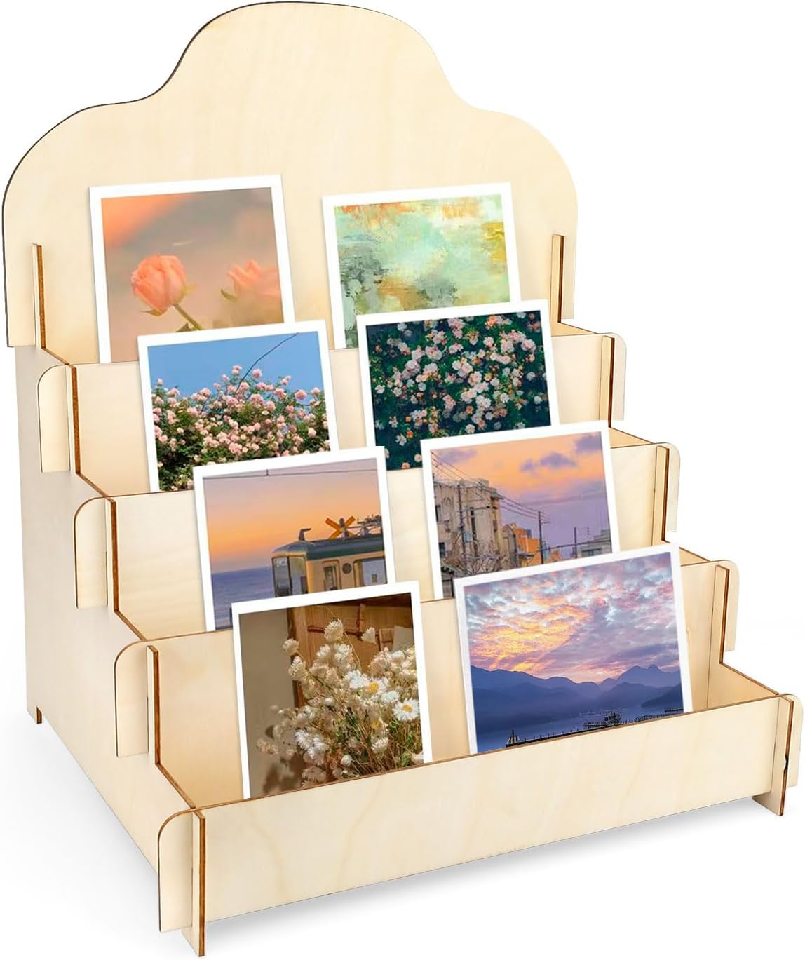 Greeting Card Display Stand 4-Tiered, Postcard Display Stand, Stickers Display Stand for Vendors, Wooden Card Display Rack for Collector, Pictures, Brochure image number 5