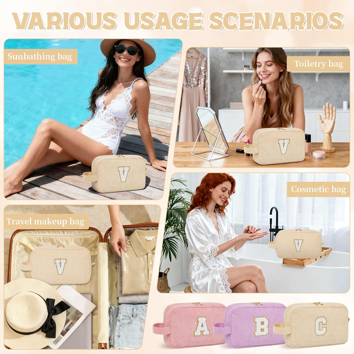 WELIDAY Personalized Initial Makeup Bag, Travel Chenille Patch Cosmetic Bag, Preppy Corduroy Toiletry Bag Monogram Cosmetic Pouch with Zipper, Ideal Gift for Teen Girls Women (Ivory White, V) image number 6